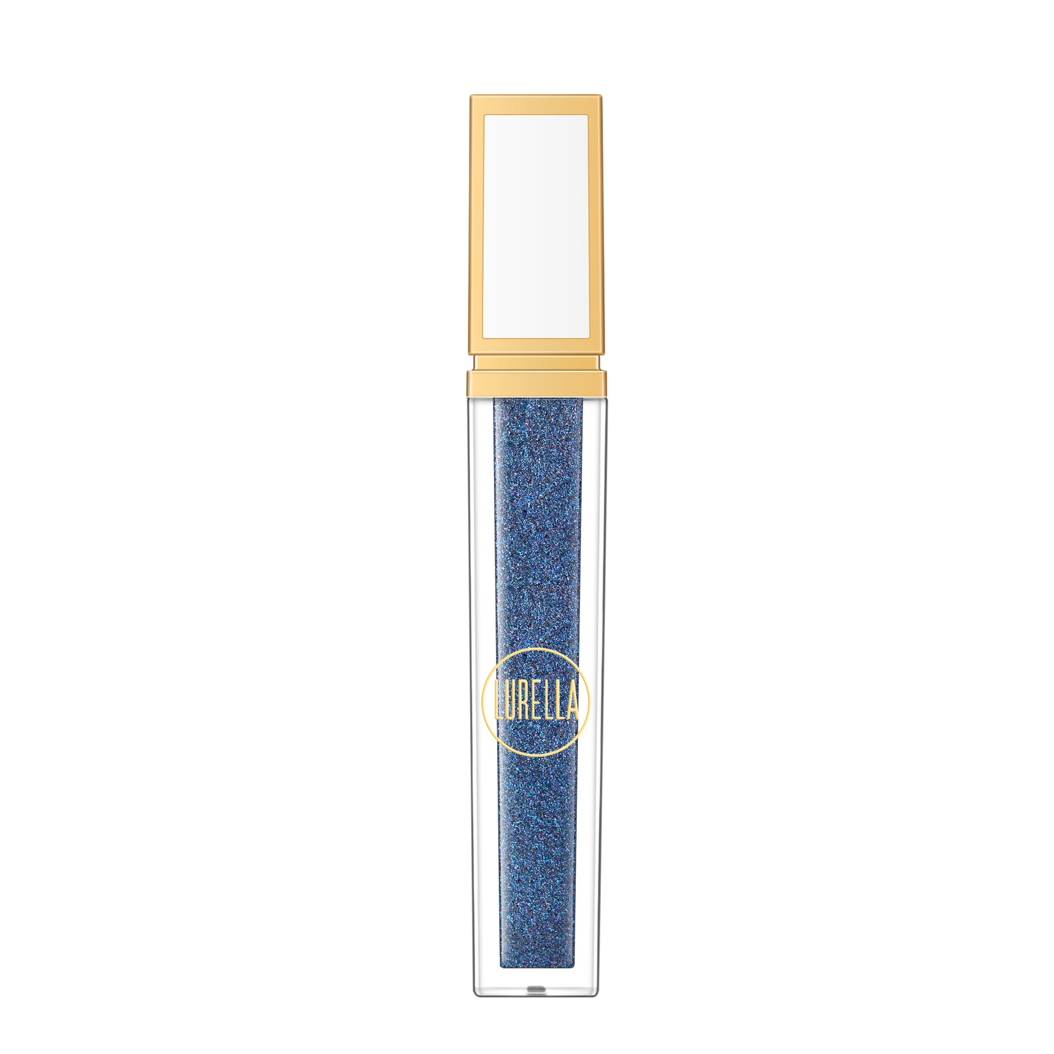 Liquid eyeshadow applicator tube in clear case with blue-violet glitter shade