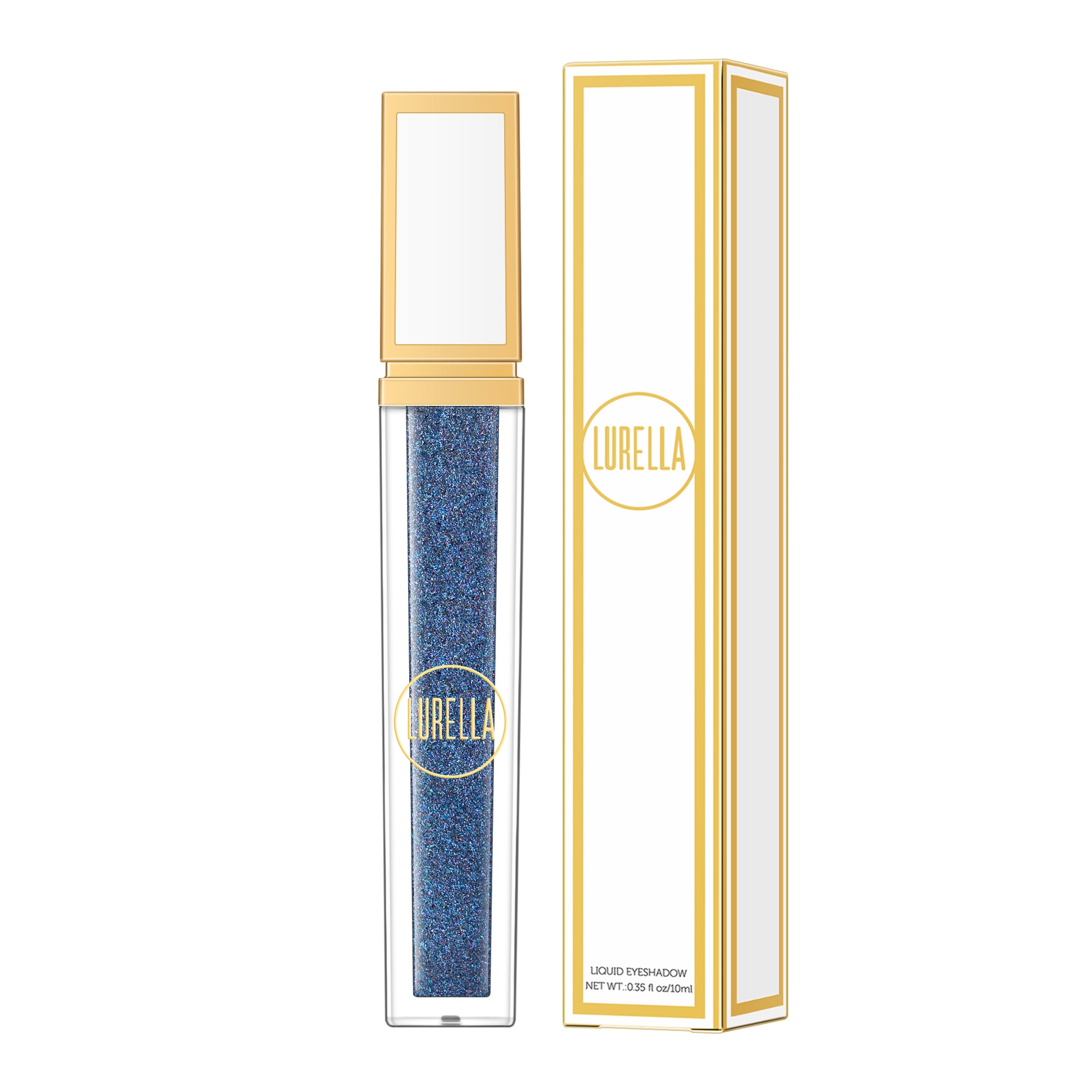Liquid eyeshadow tube with gold cap and outer box, blue-violet glitter