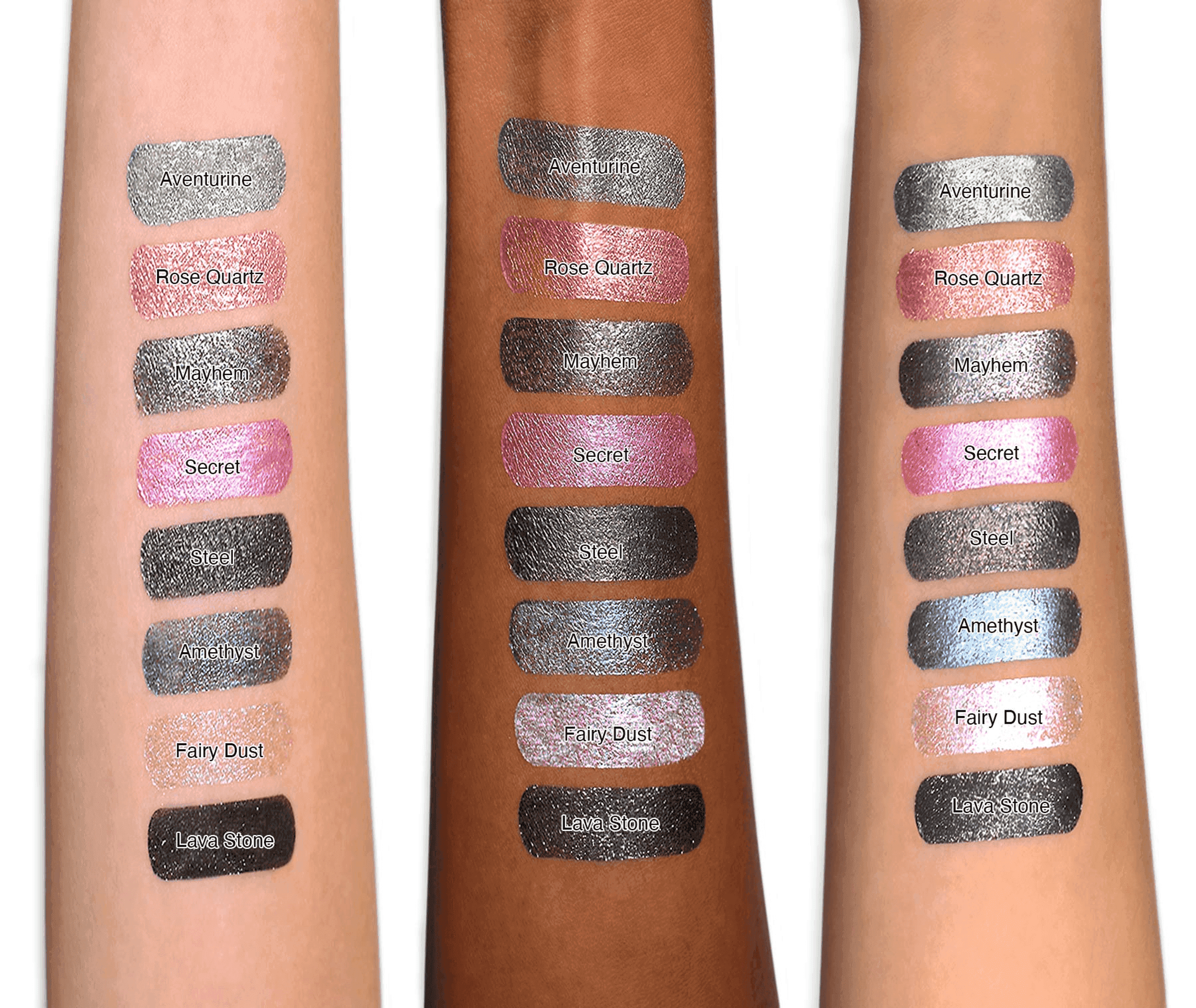 Liquid eyeshadow swatches on skin with blue-violet shimmer