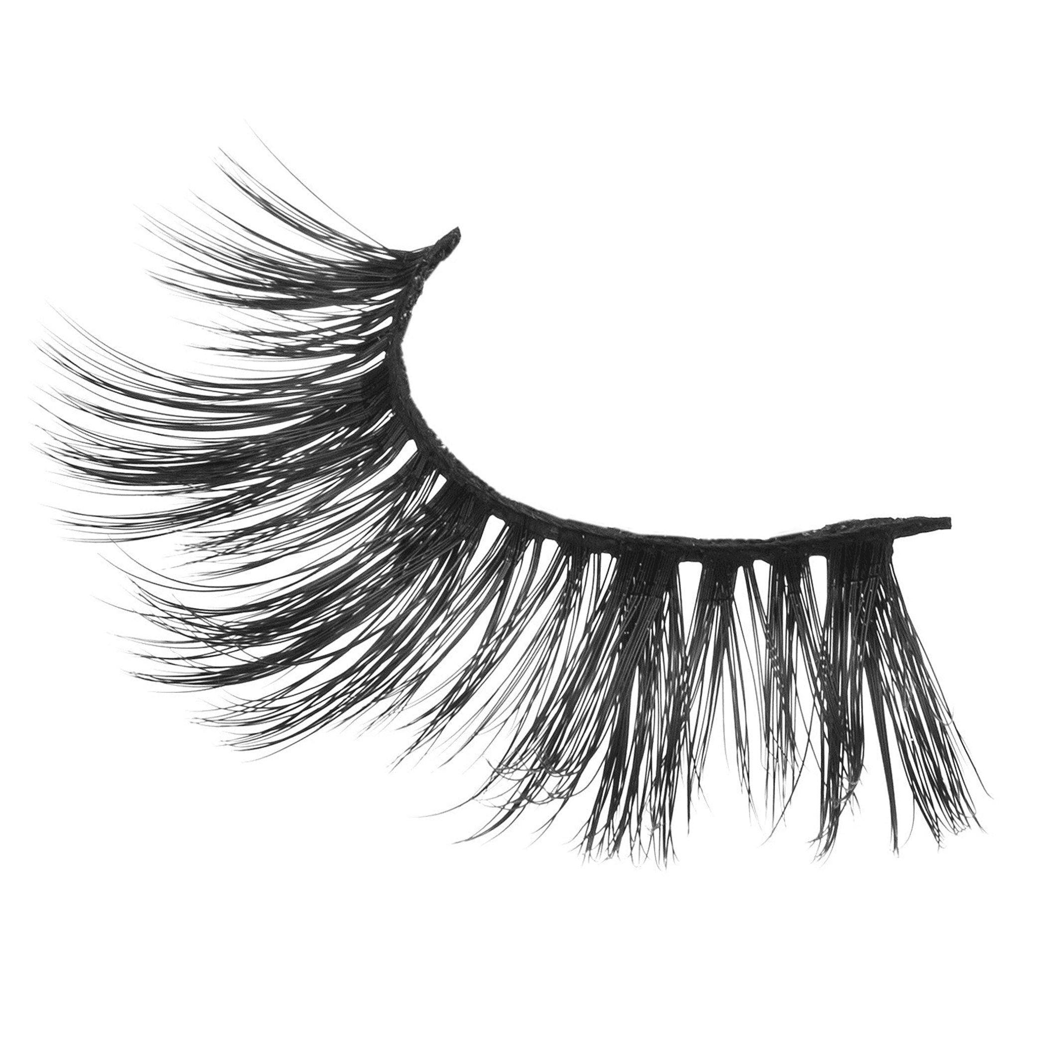 Black synthetic false eyelashes with wispy layered spikes on a lash strip