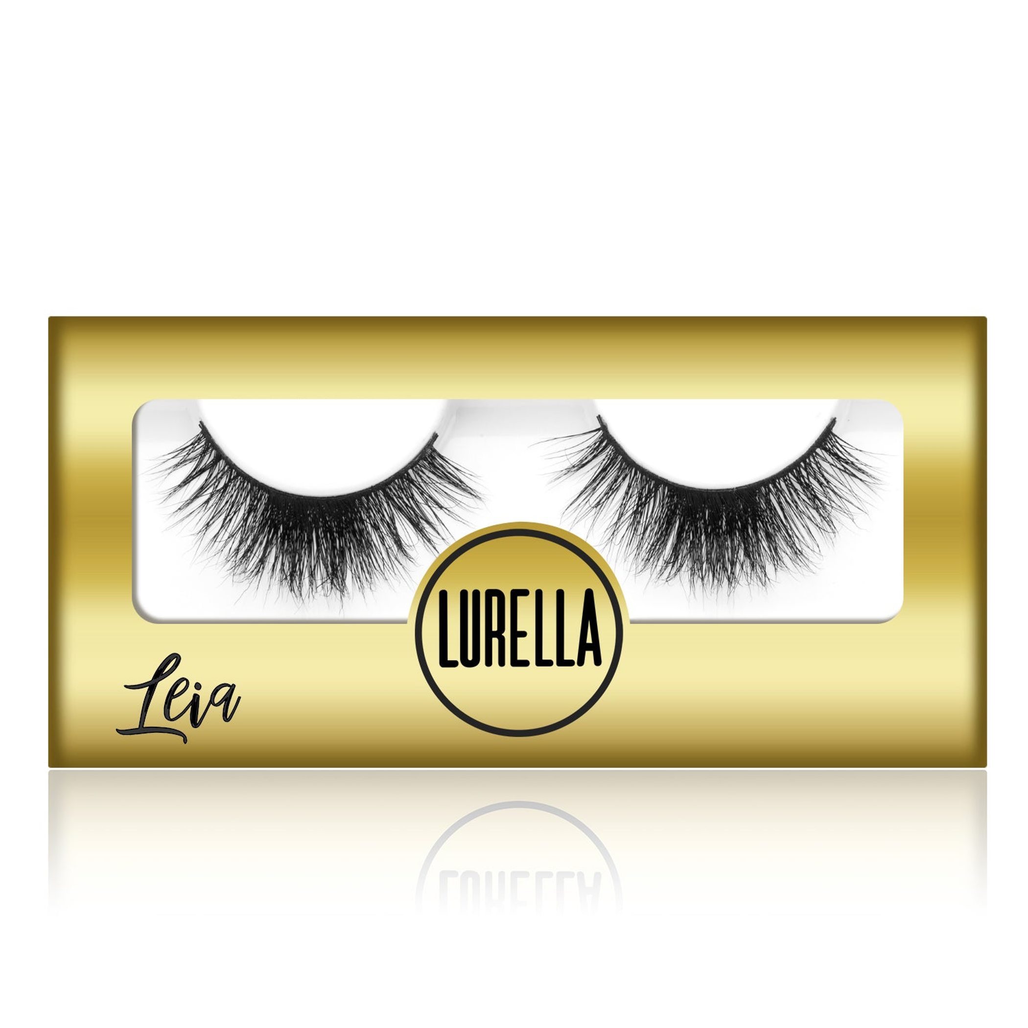3D mink eyelashes pack with Leia lash design on gold box