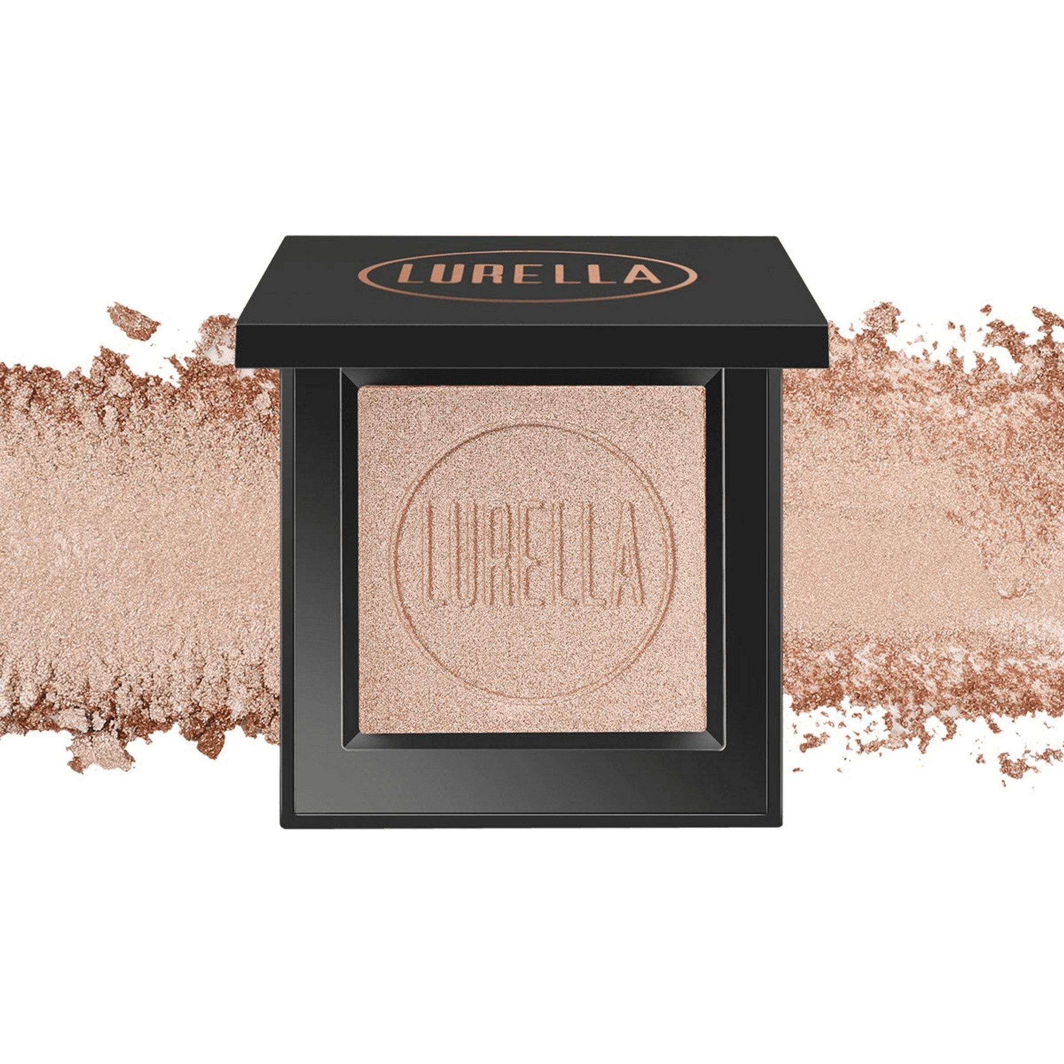 Lorella compact highlighter with black case and open rose-gold shimmer pan