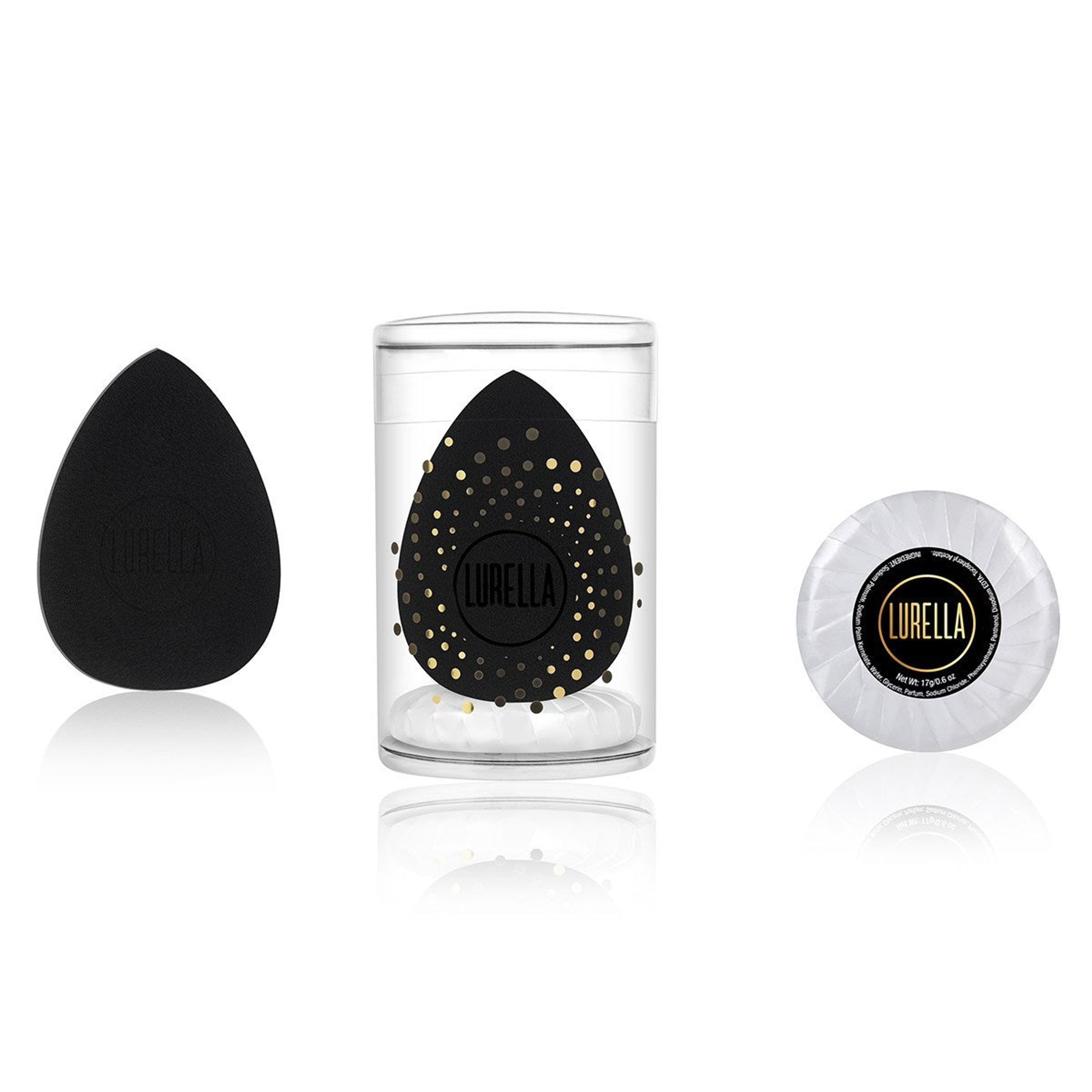 Black teardrop beauty sponge with clear case and circular Lurella seal