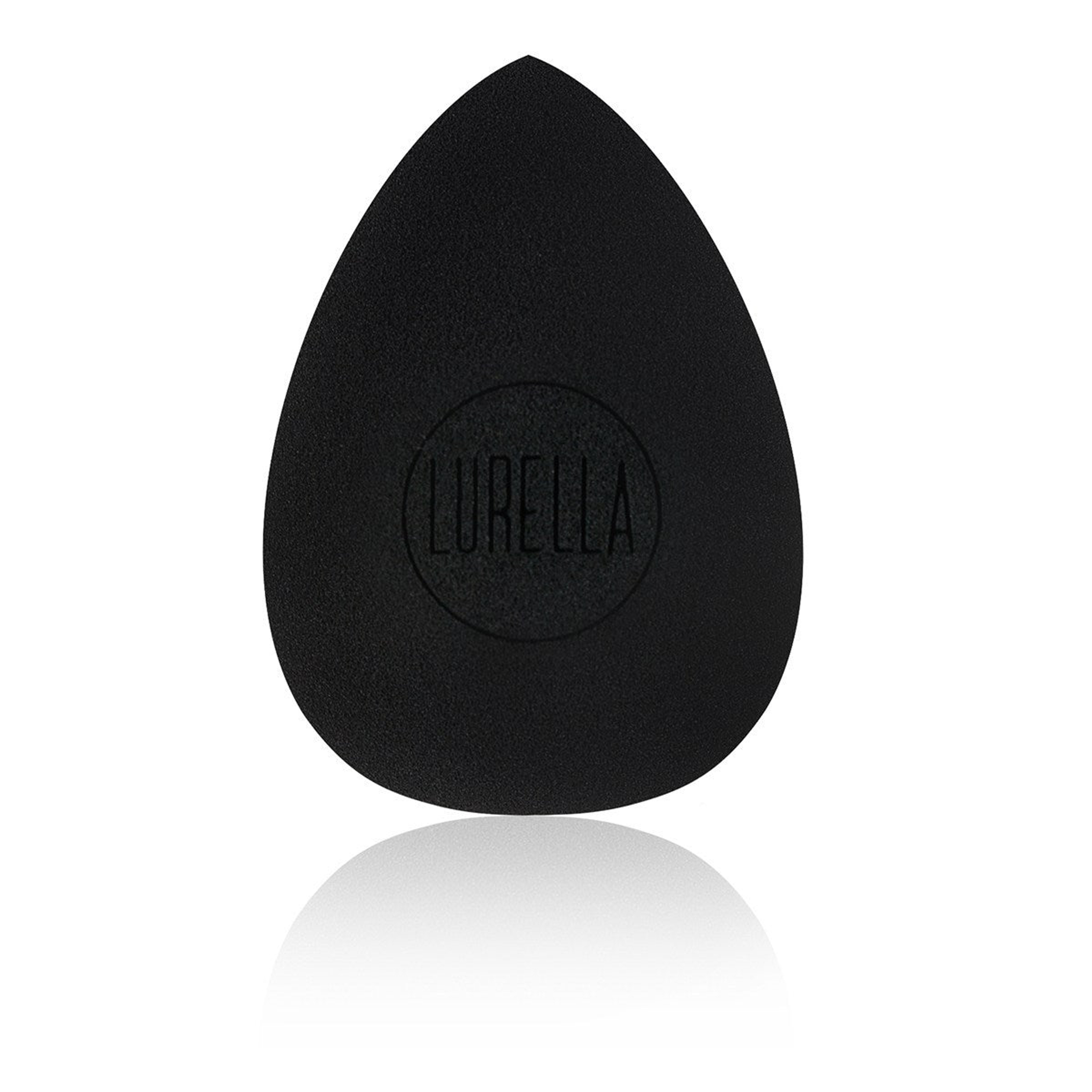 Black teardrop beauty sponge with embossed Lurella logo