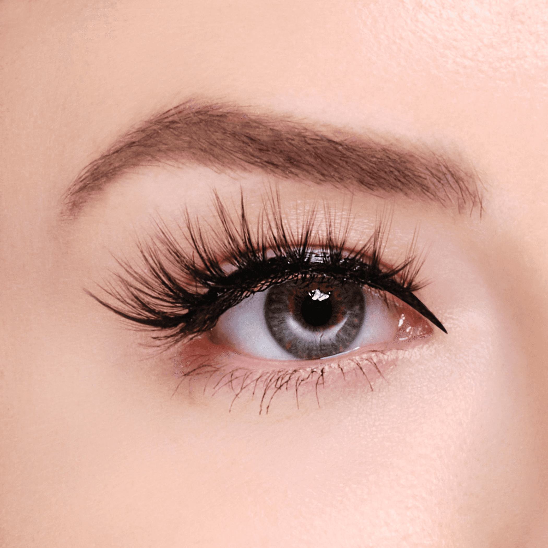Synthetic eyelashes on an eye, long black lashes with natural curl