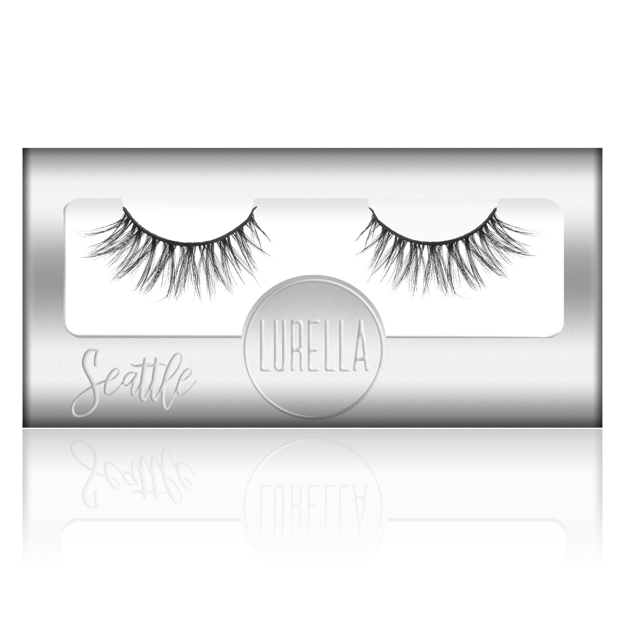 Synthetic eyelash set in case, two lash pairs labeled Seattle by Lurcella
