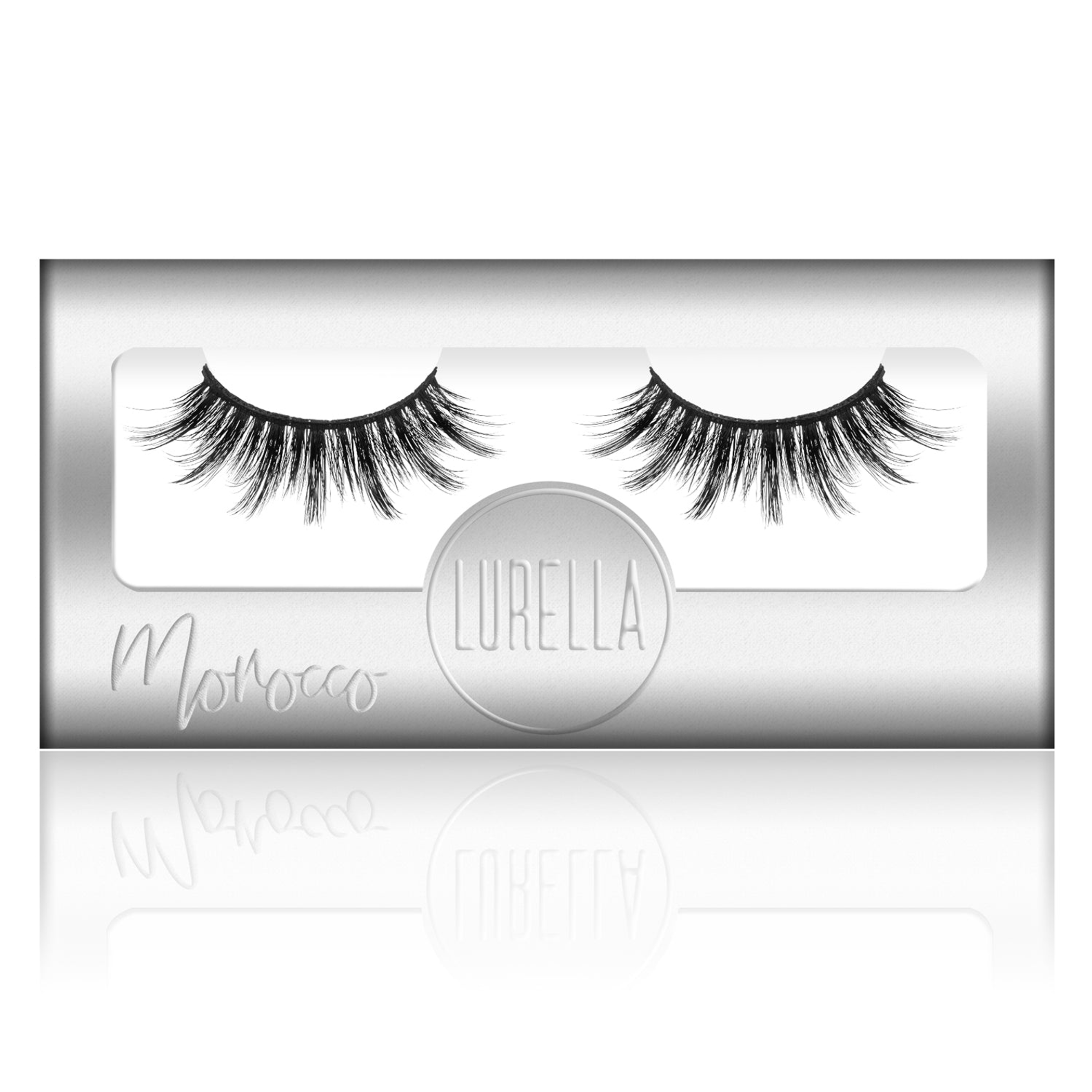 Synthetic false eyelashes set with two curved black lashes in a clear tray
