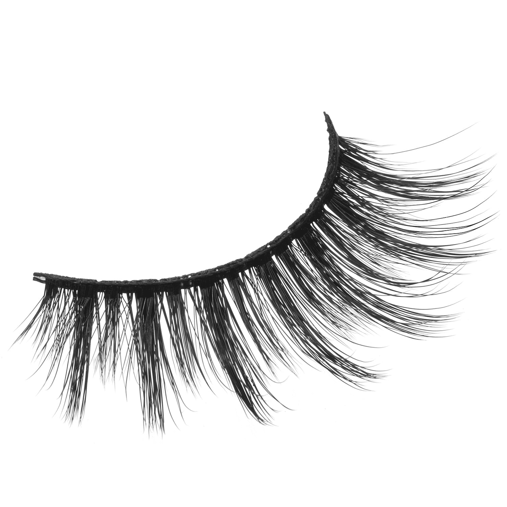 Curved black synthetic false eyelash strip with wispy layered fibers