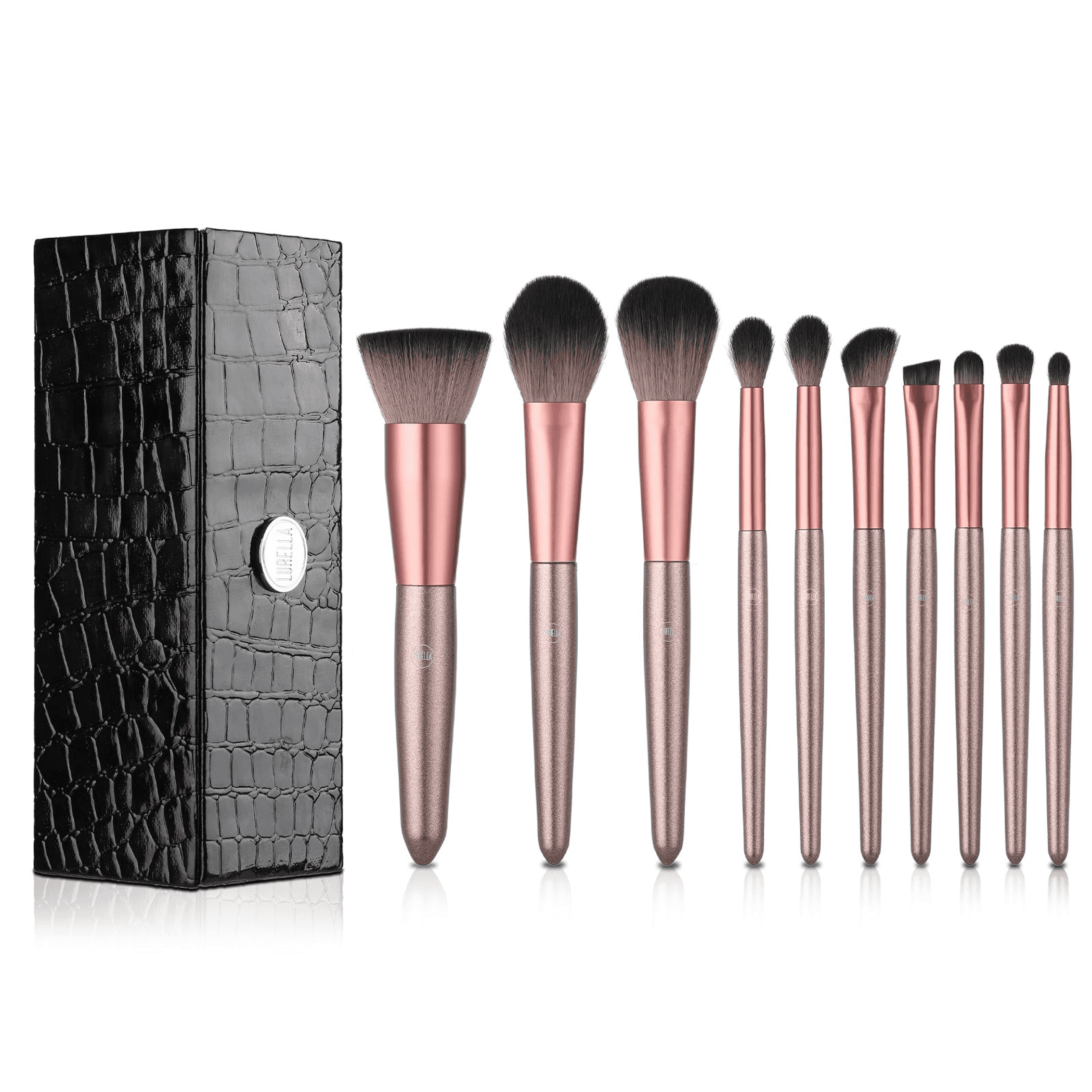 Forever Brush Set: rose-gold makeup brushes and a black, gray croc-look storage case