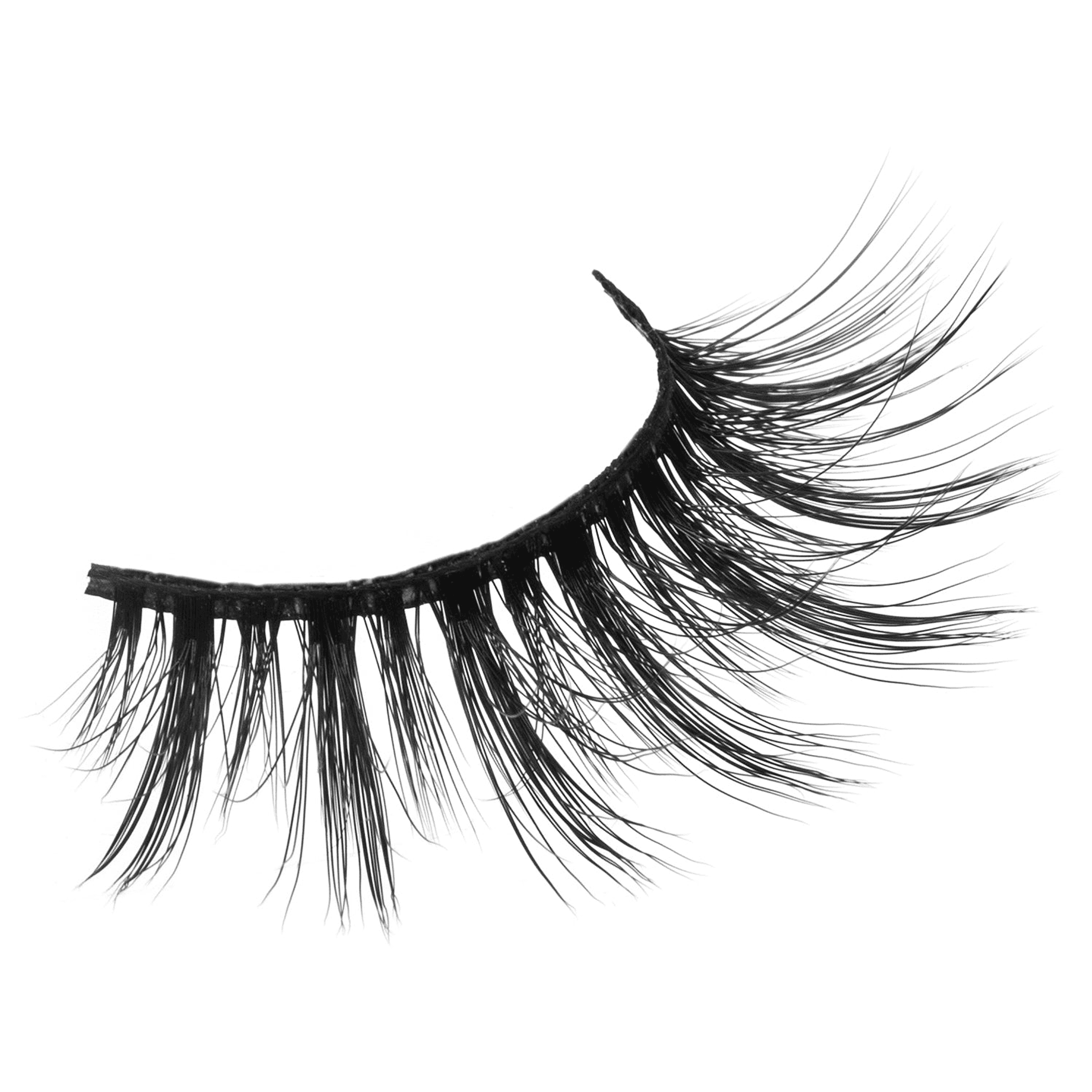 Dramatic strip false eyelashes with long black layered fibers