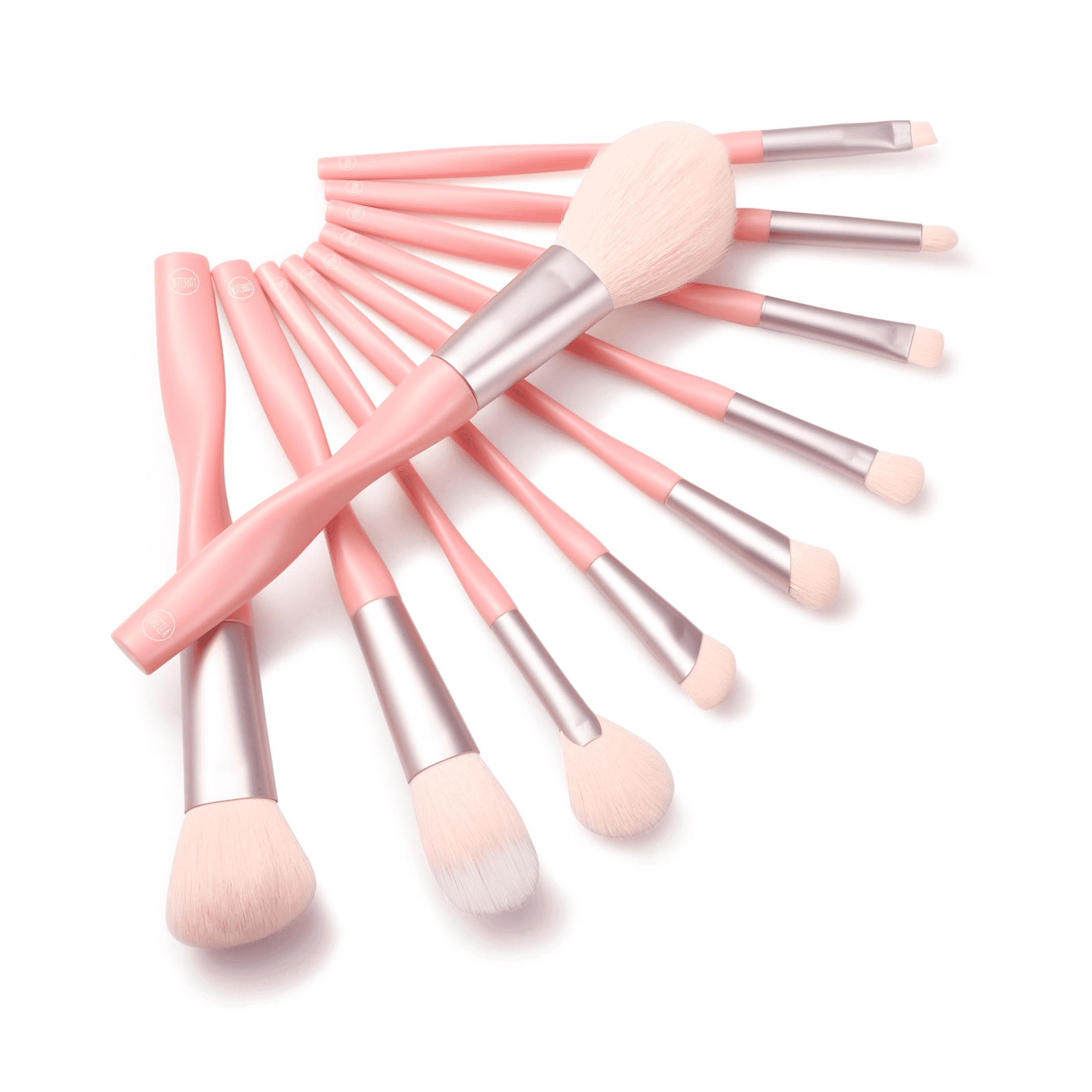 Beauty brush set with pink handles, silver ferrules, and soft light-pink bristles