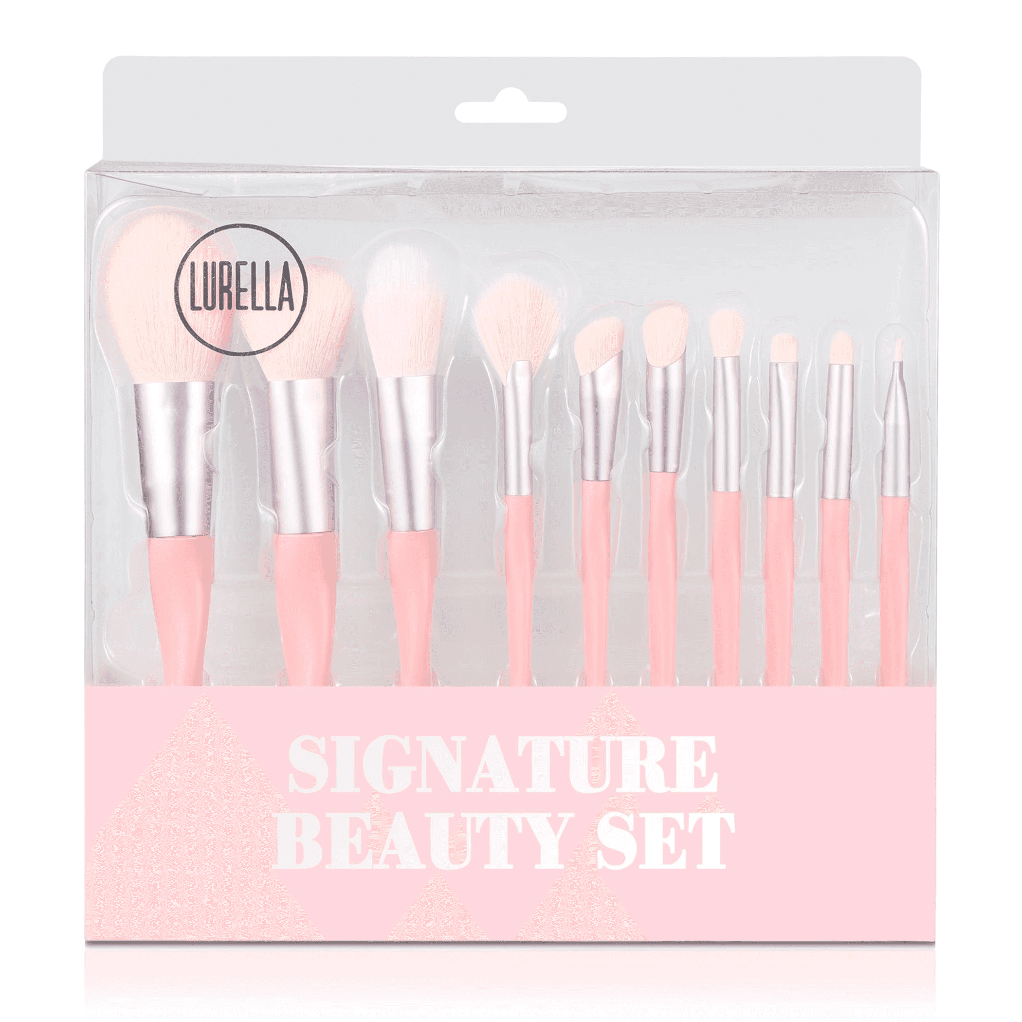 Beauty brush set in clear case with LURELLA label and pink 'SIGNATURE BEAUTY SET' band