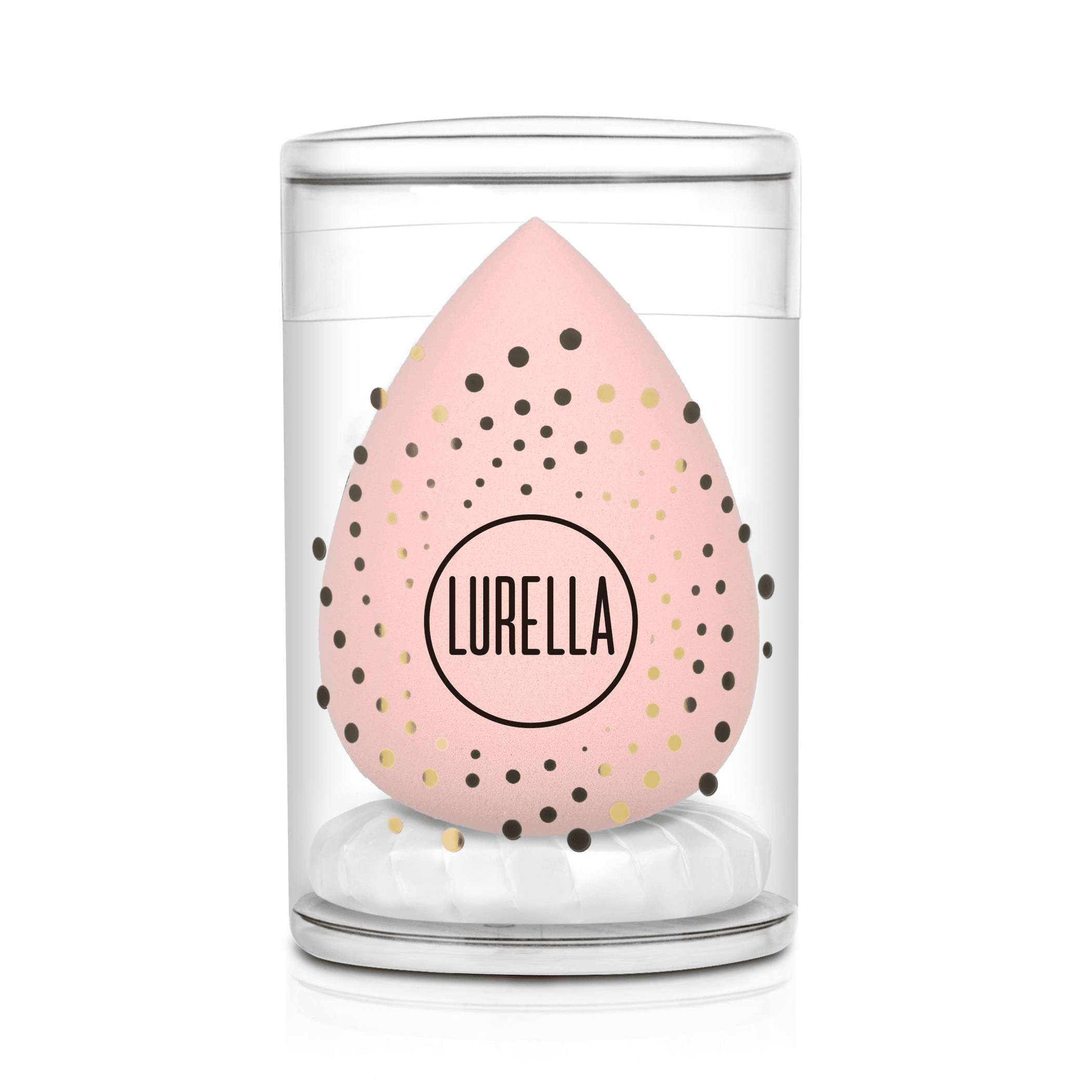 Three tear-drop beauty sponges in pink, Lurella logo on clear case