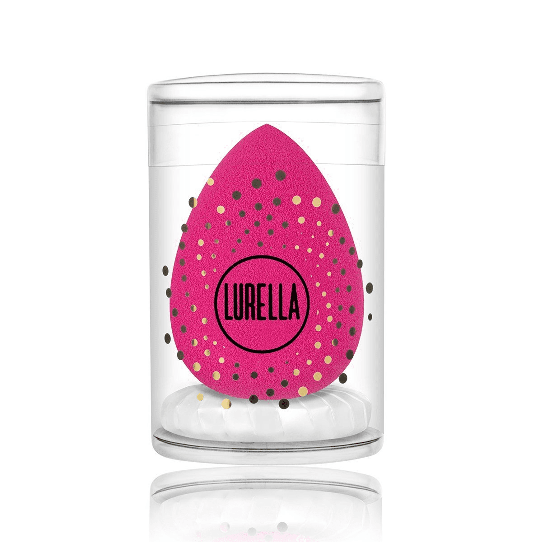 Three tear-drop beauty sponges in magenta, Lurella logo on clear case