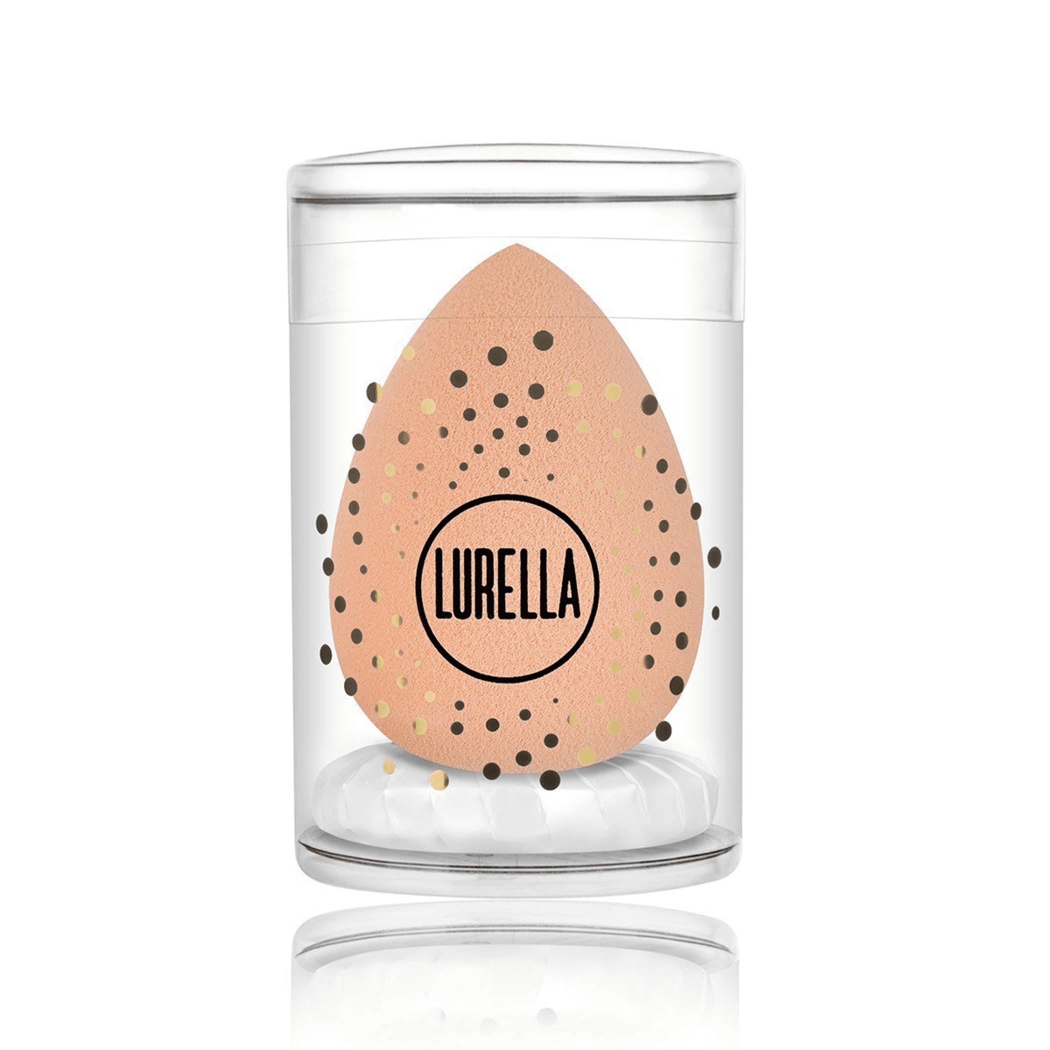 Three tear-drop beauty sponges in peach, Lurella logo on clear case