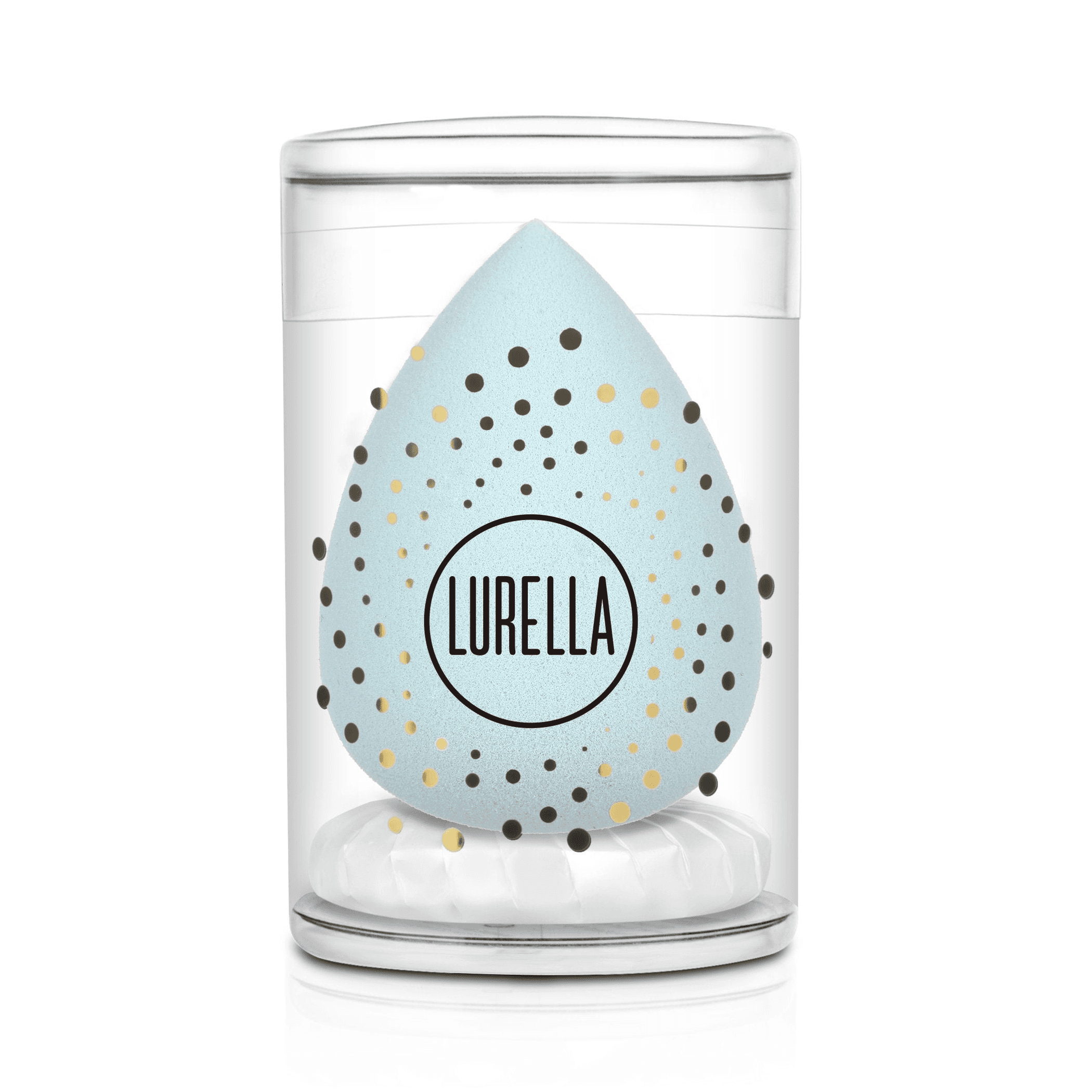 Three tear-drop beauty sponges in light blue, Lurella logo on clear case