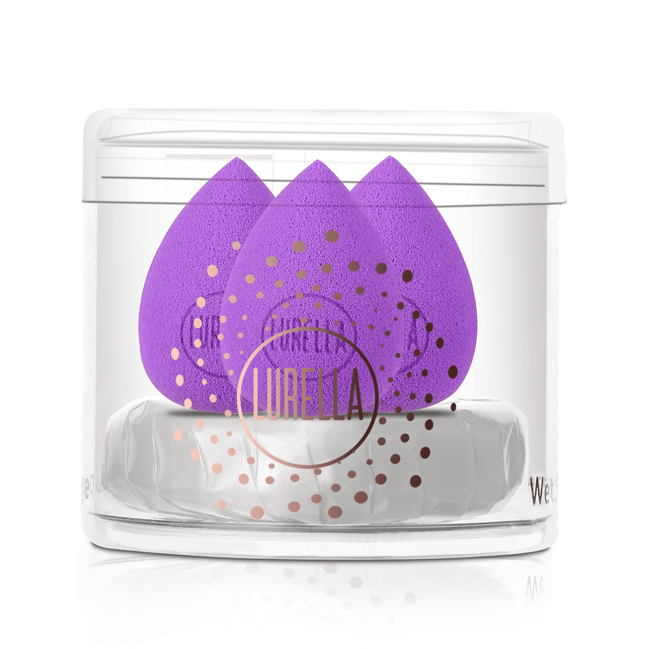 Purple teardrop makeup sponge set in clear plastic case