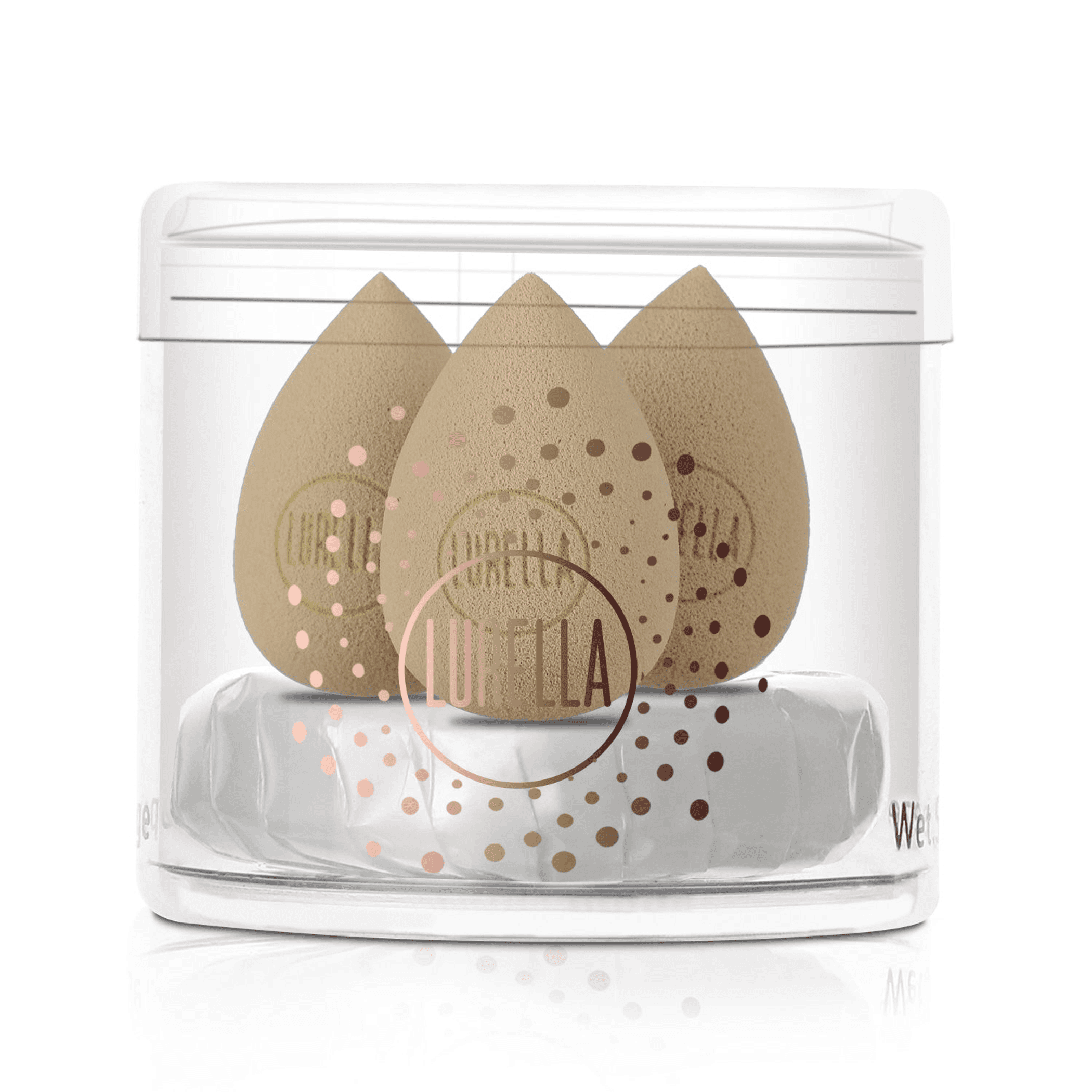 Mini teardrop makeup sponges in clear jar, nude-tan sponges visible