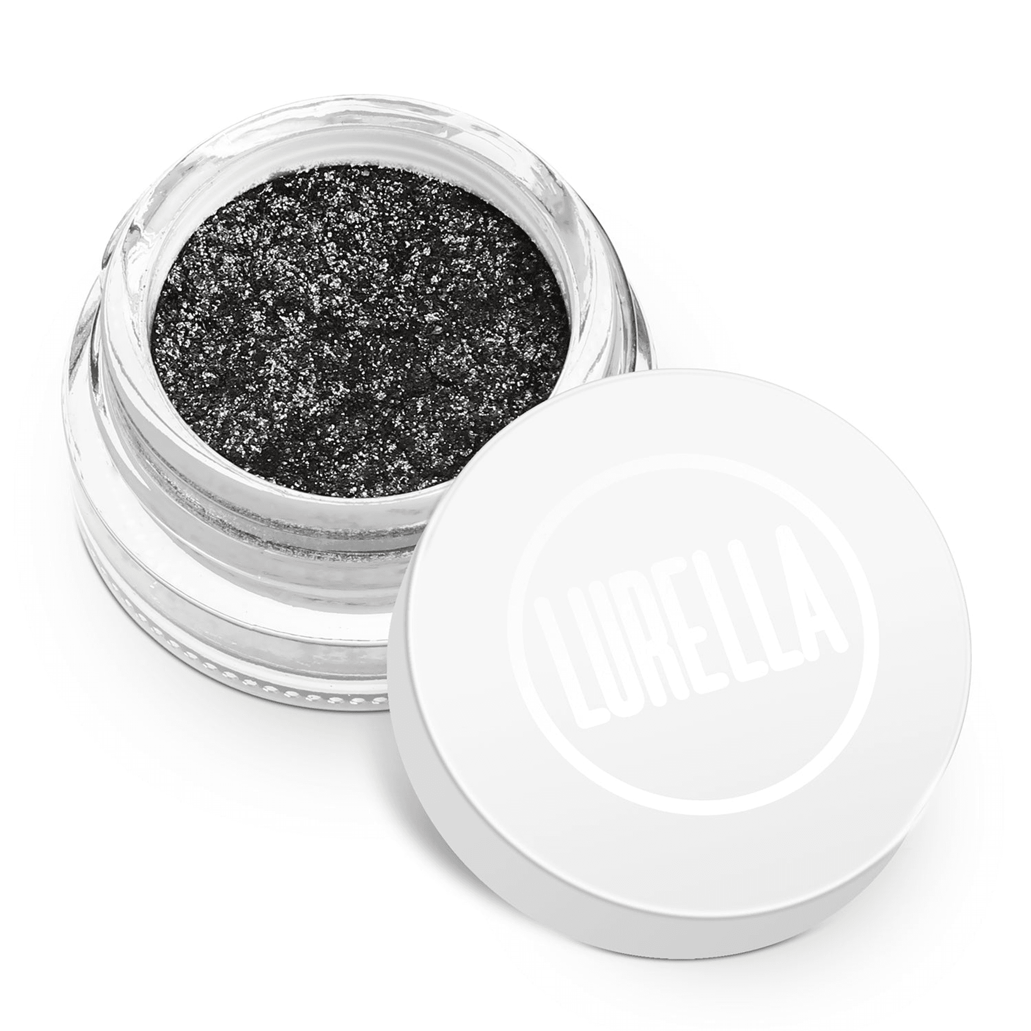 Diamond glitter eyeshadow in open clear jar with dark black-silver shimmer powder