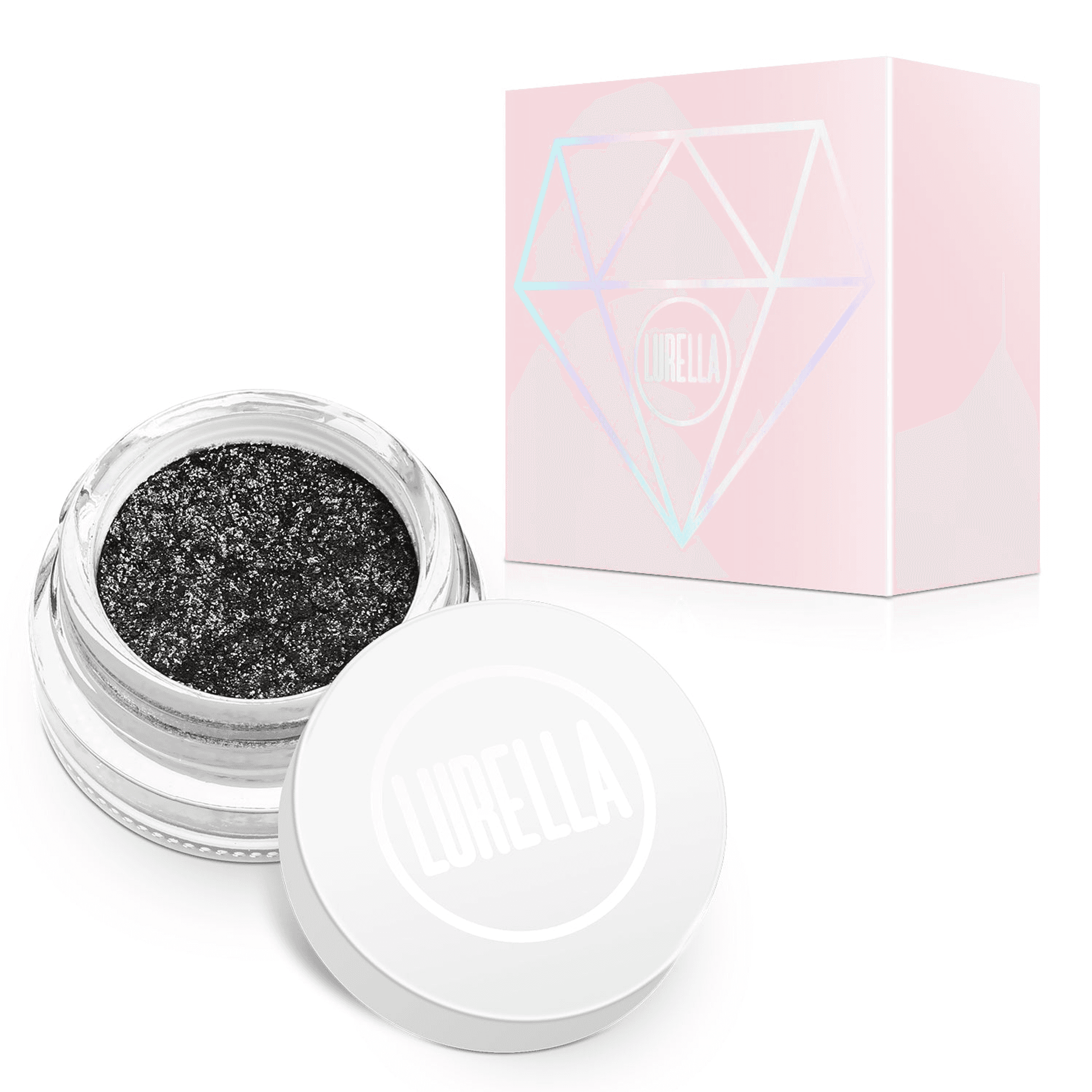 Diamond glitter eyeshadow compact with open jar of dark black-silver shimmer powder
