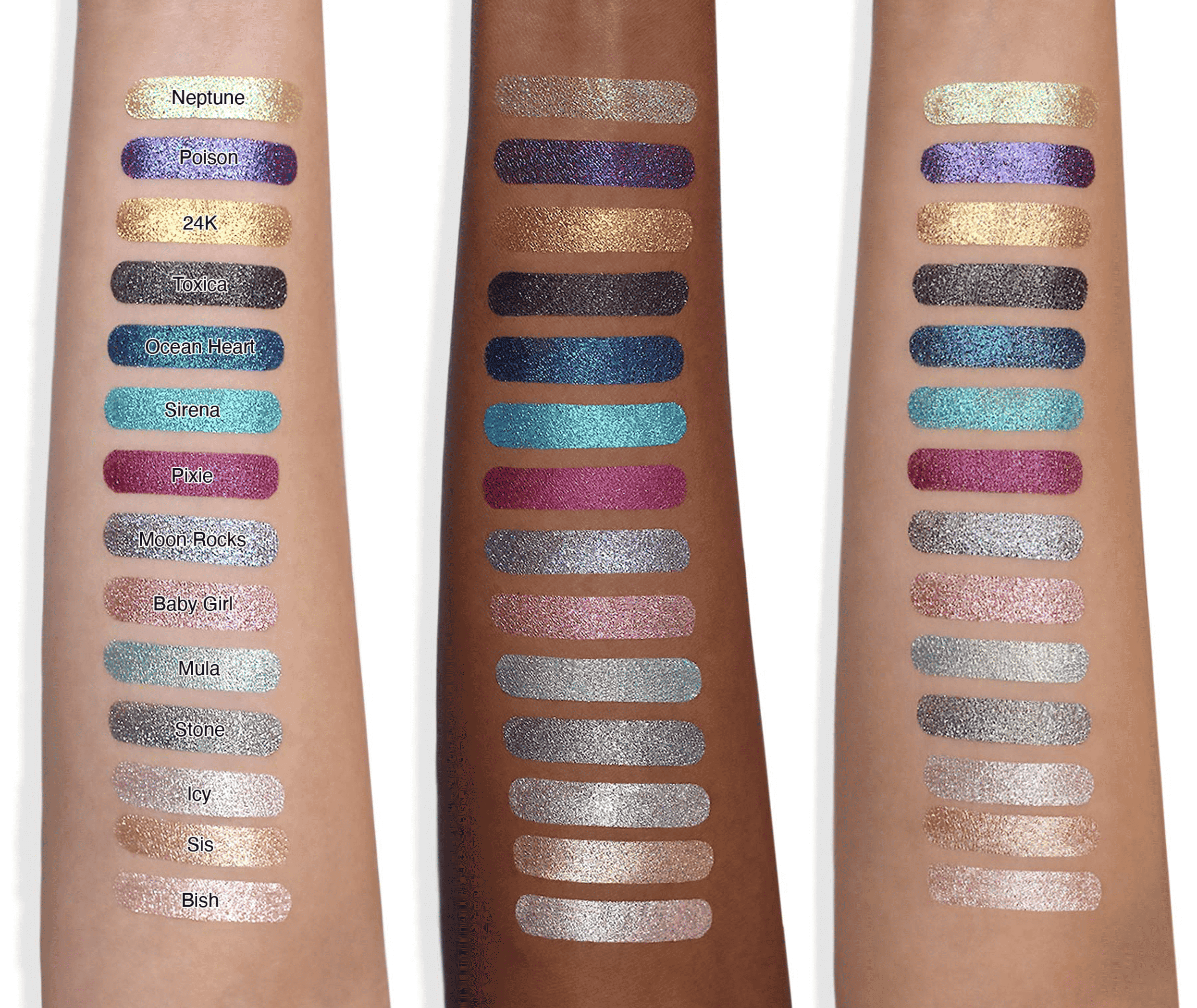 Glitter eyeshadow shade swatches on arms with dark and teal shimmer shades