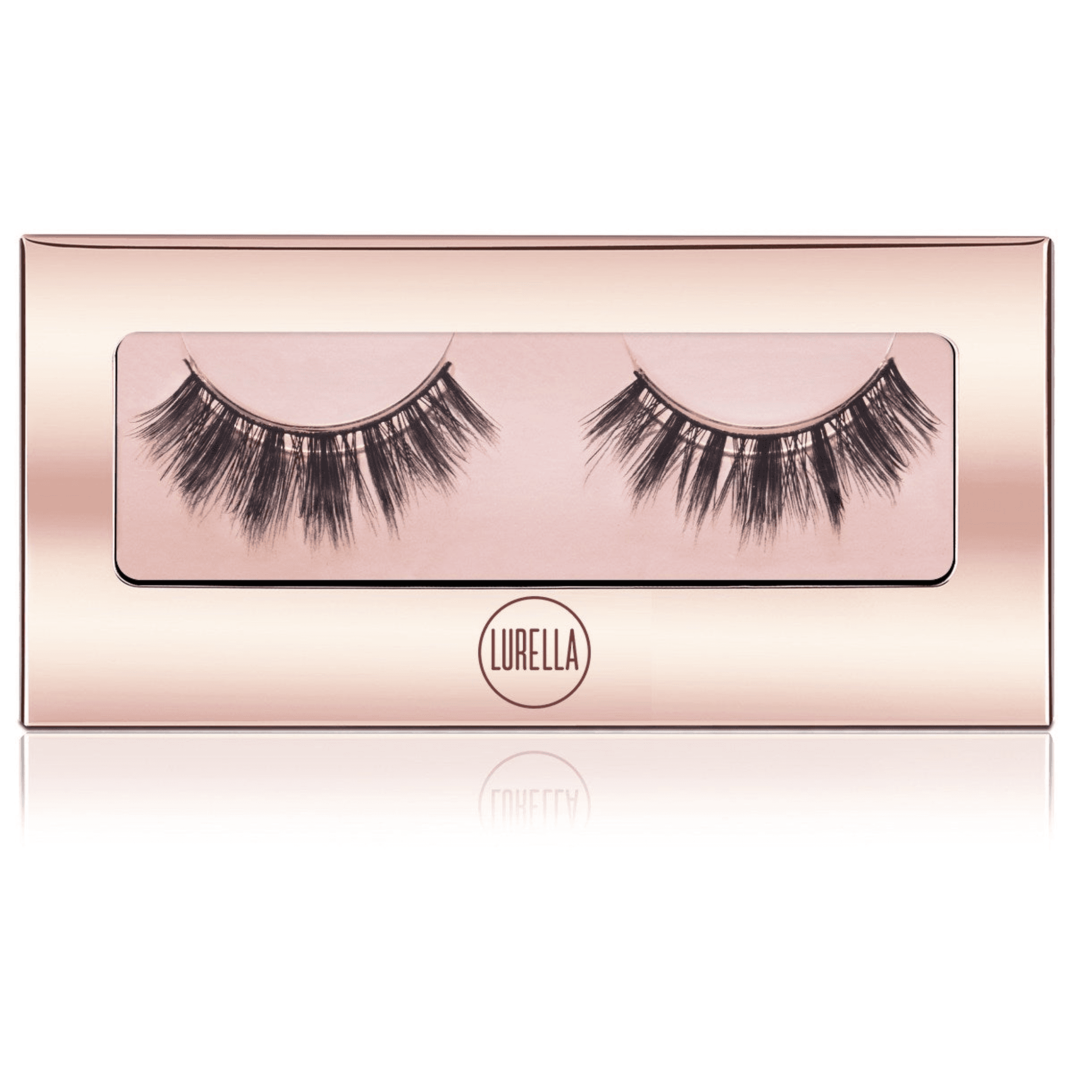 Mink eyelashes in pink-toned box with window, two lash pairs visible