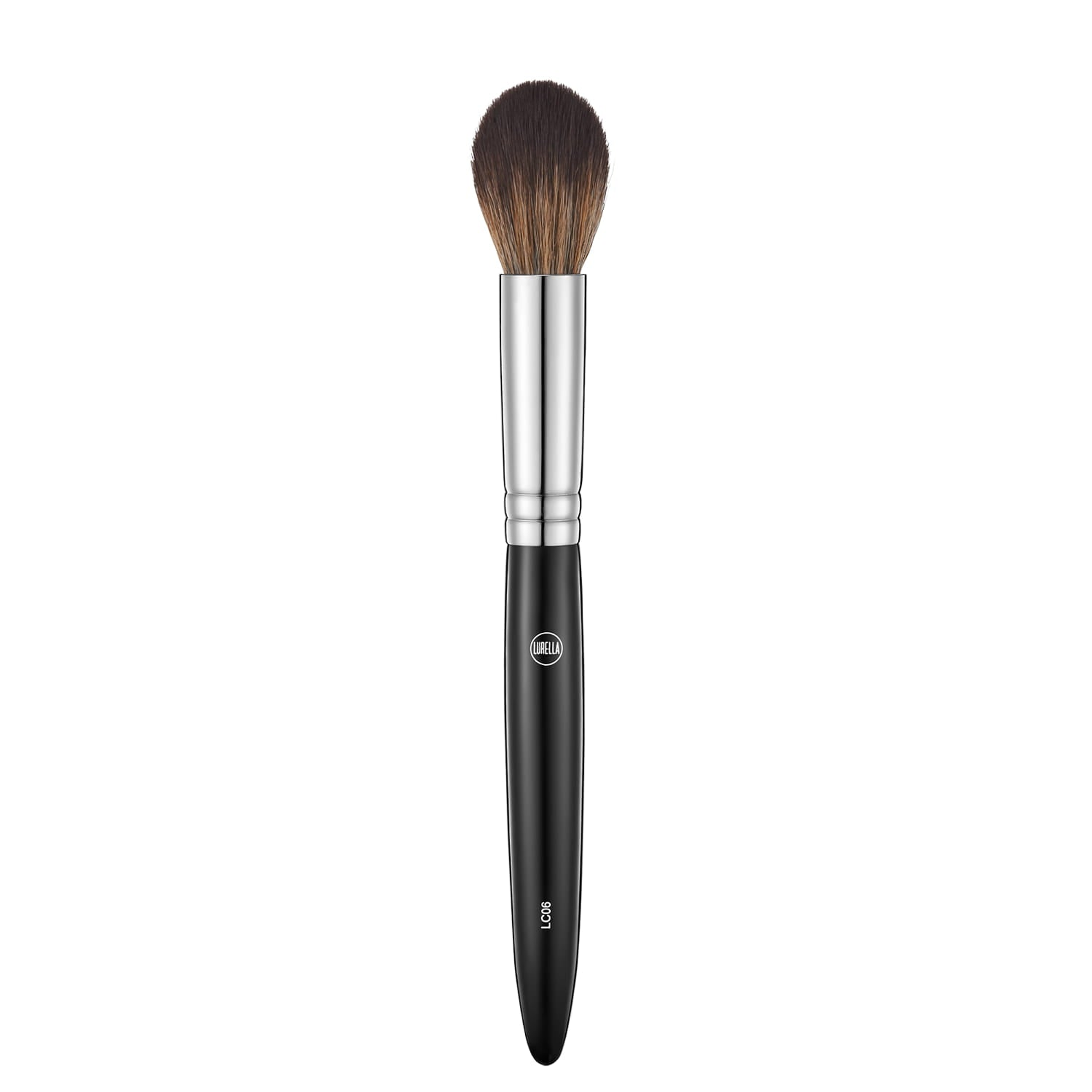 Powder brush with black handle, silver ferrule, and soft brown bristles