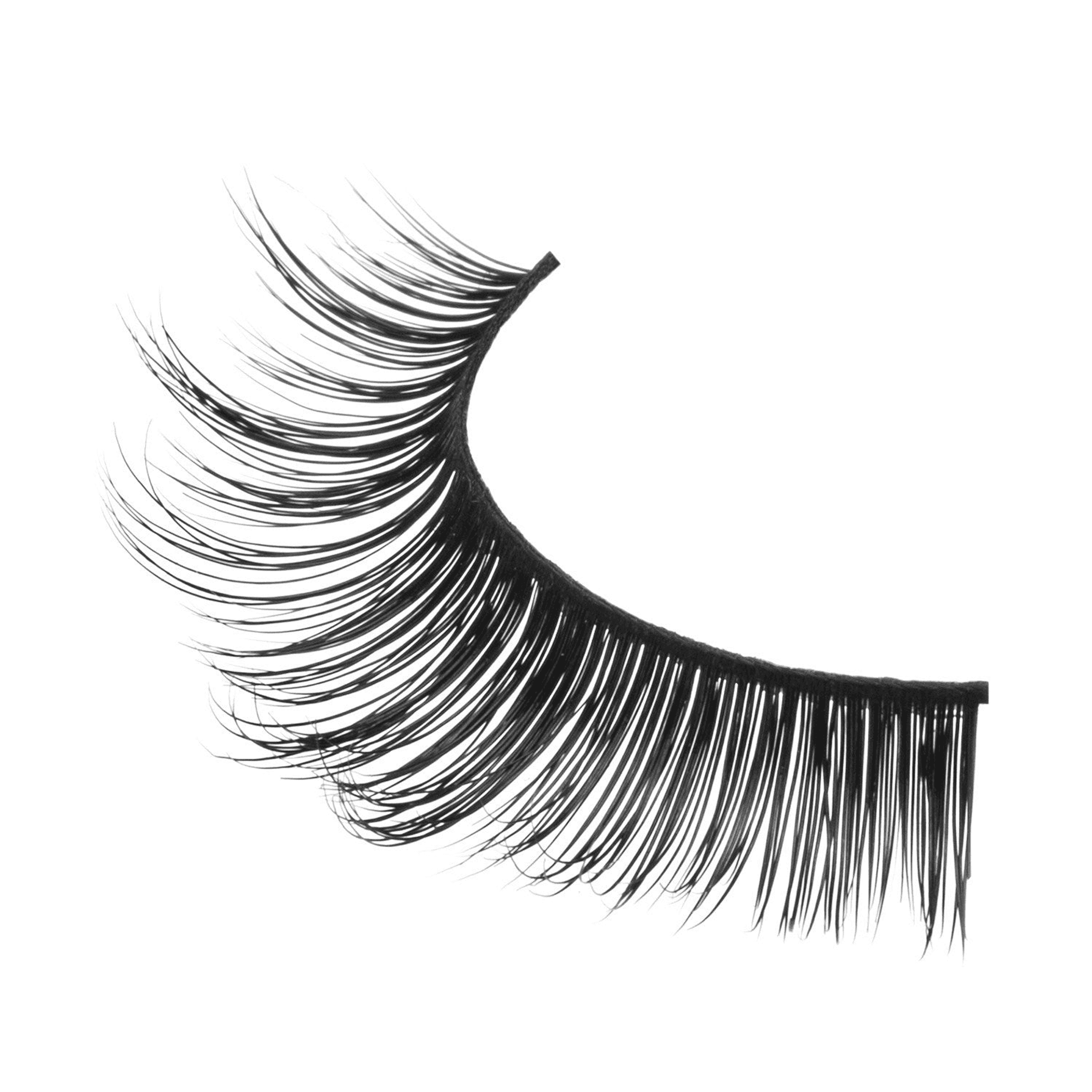 Wispy black false eyelash strip with layered, curved lash lengths