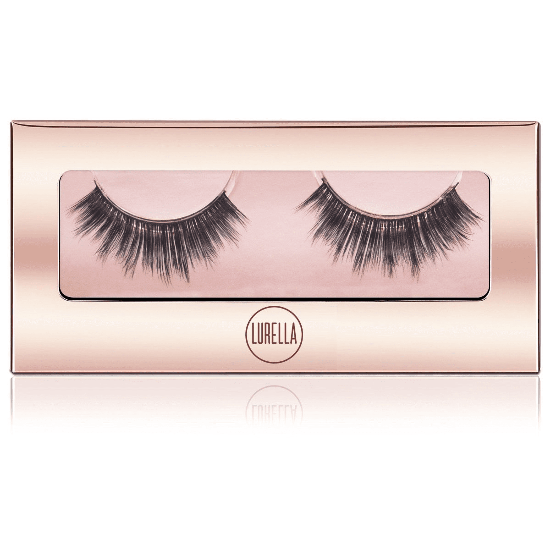 False eyelashes in rose gold box with two lash pairs and LURELLA logo