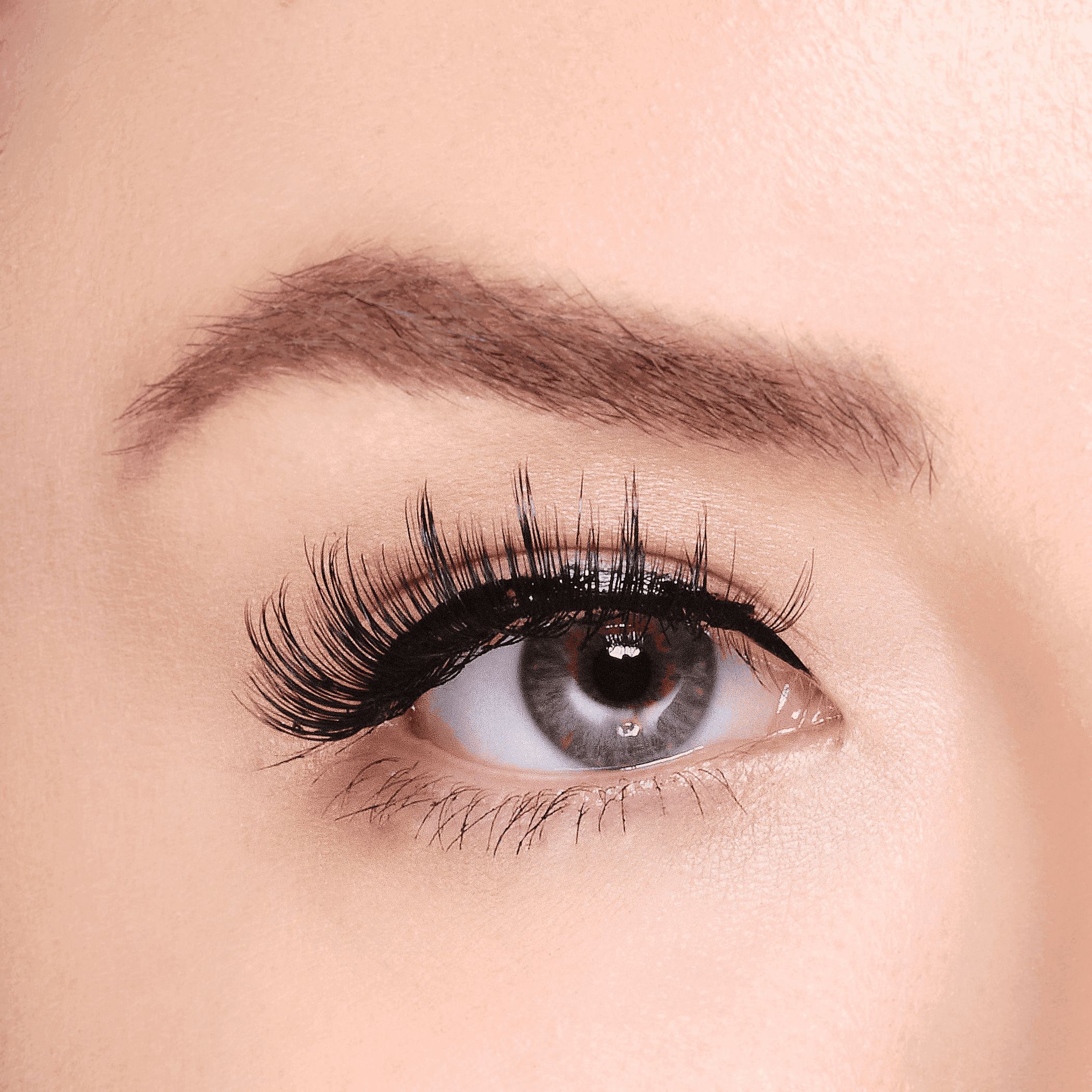 Applied black false eyelashes on eye with natural-looking lash volume