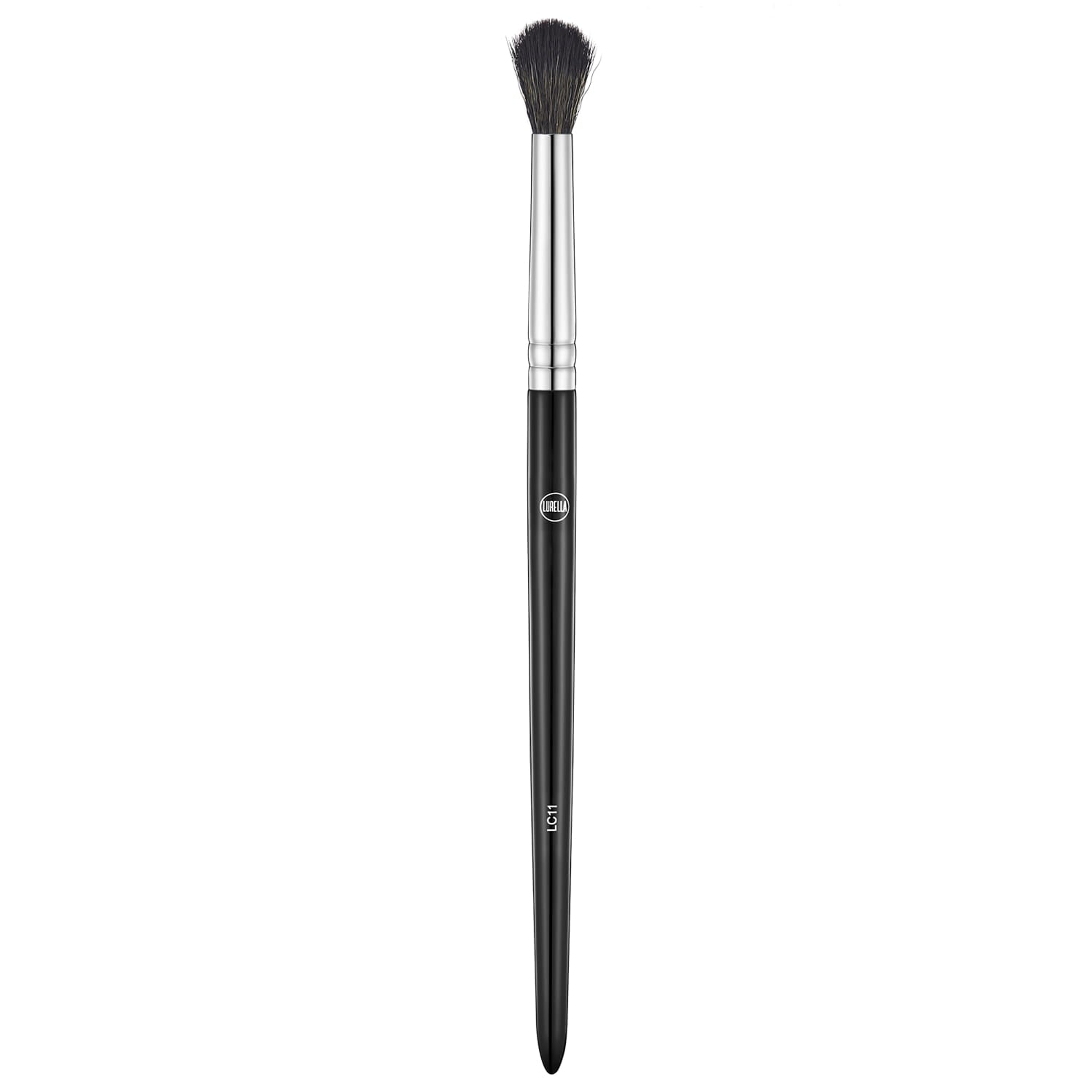 Tapered blending brush with dark bristles and black handle, silver ferrule