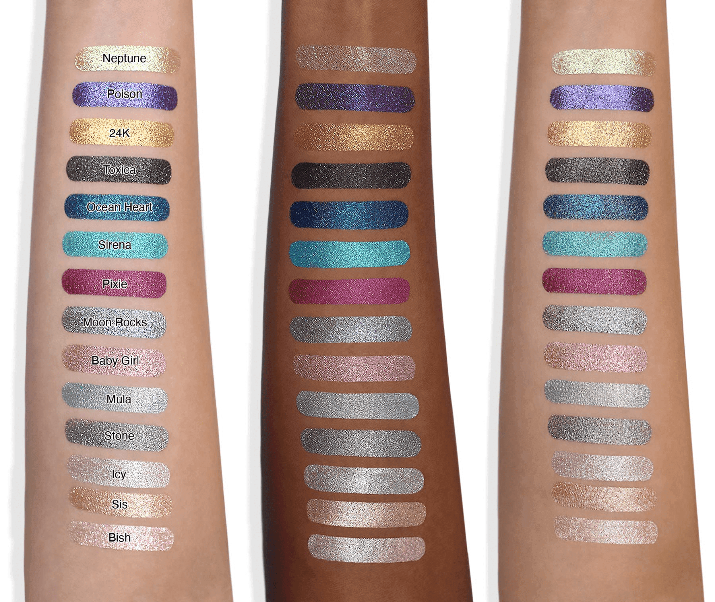 24K diamond eyeshadow set: multicolor glitter swatches on skin