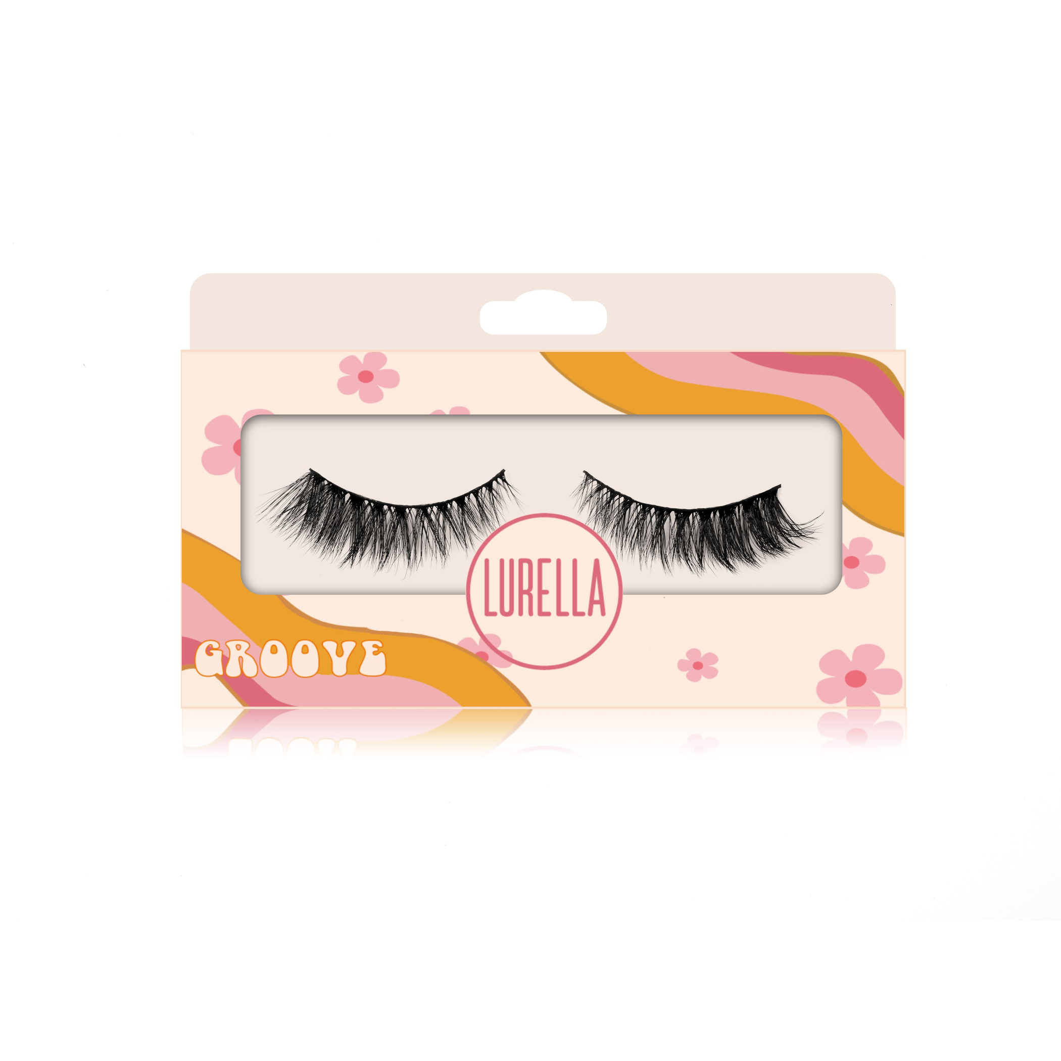 False eyelash pair in retail box with black lashes, LURELLA logo on front