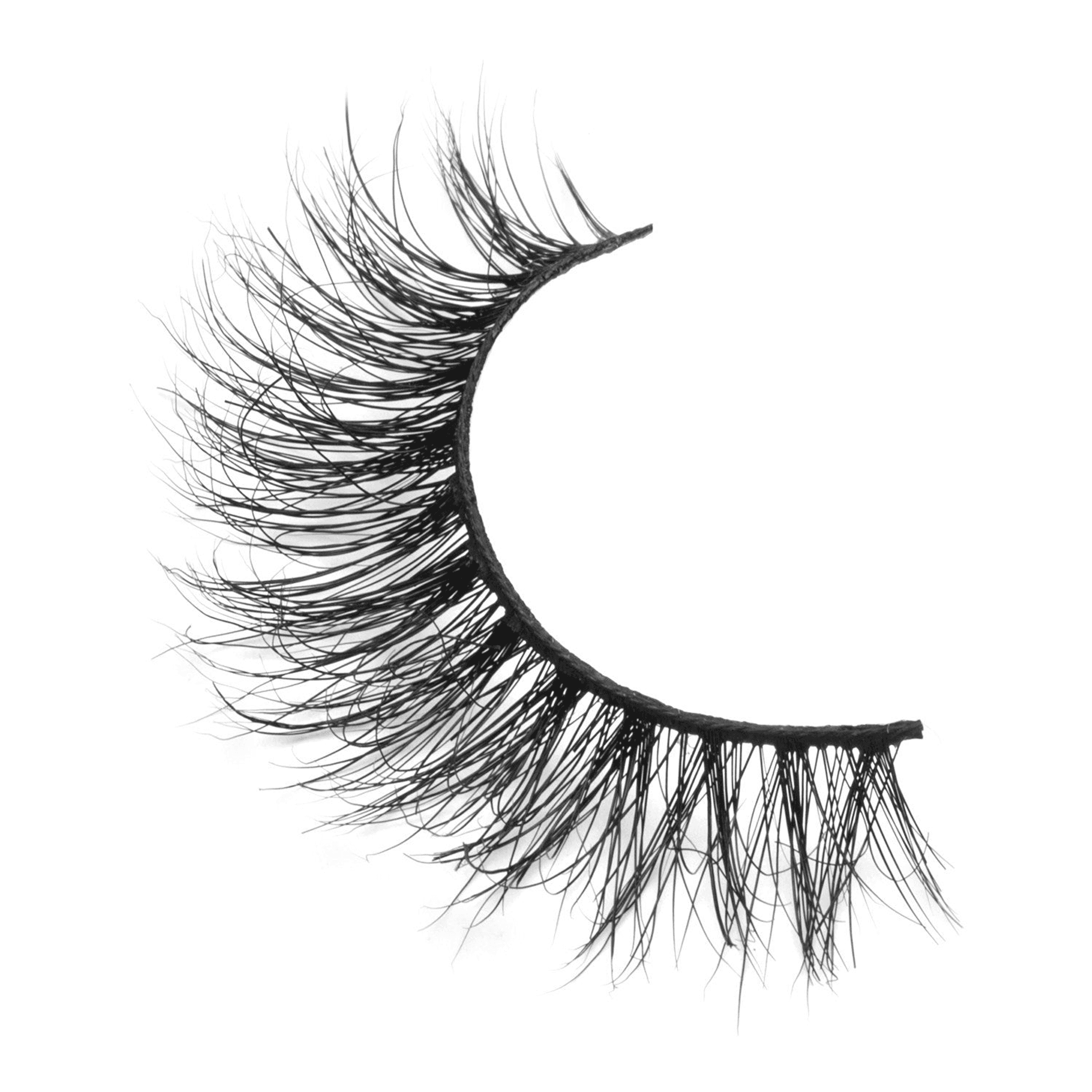 Black 3D mink-style false eyelash with curved lash band and wispy volume