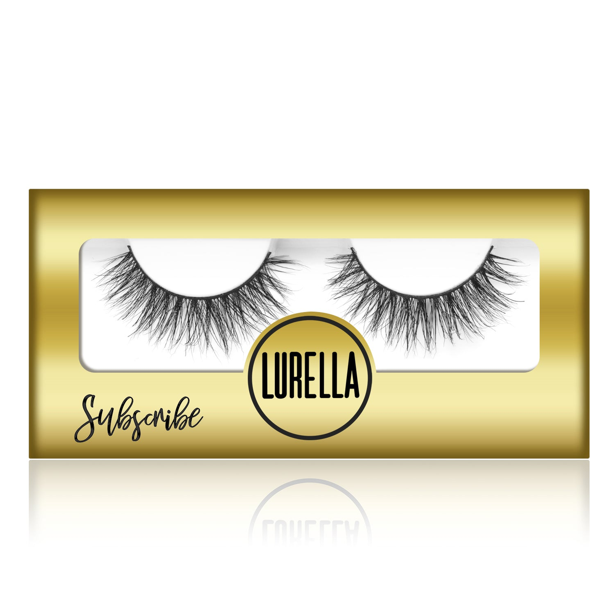 Lash set in gold box, LURELLA logo, two black wispy false eyelash strips
