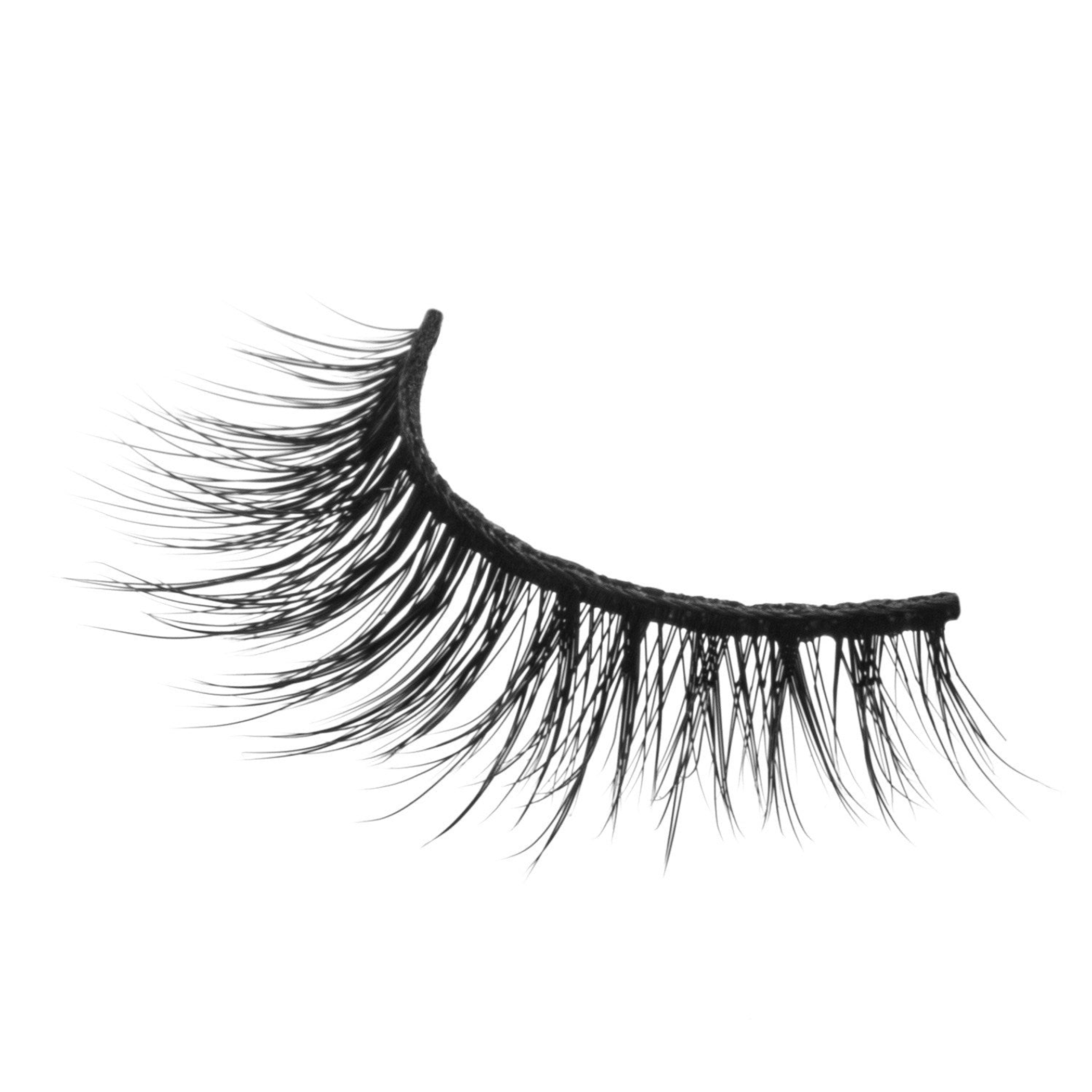 Long wispy synthetic eyelash strip with curved black band