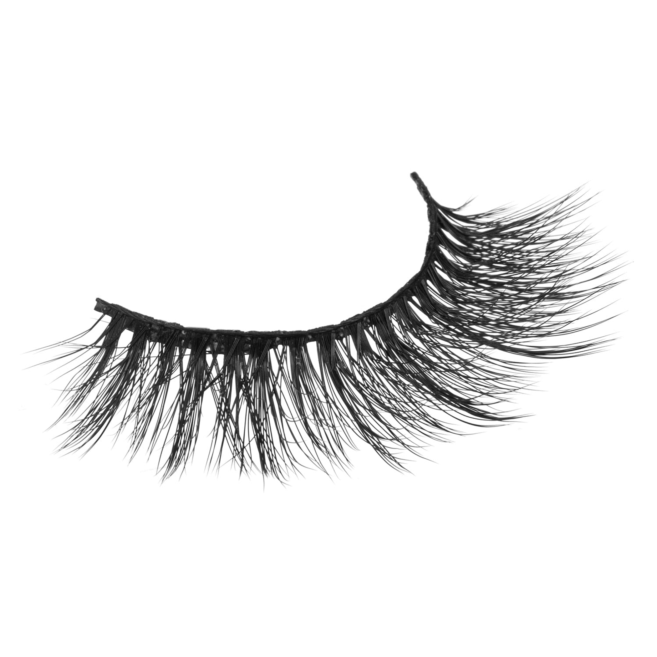 Synthetic false eyelashes with black wispy lash strands and curved band