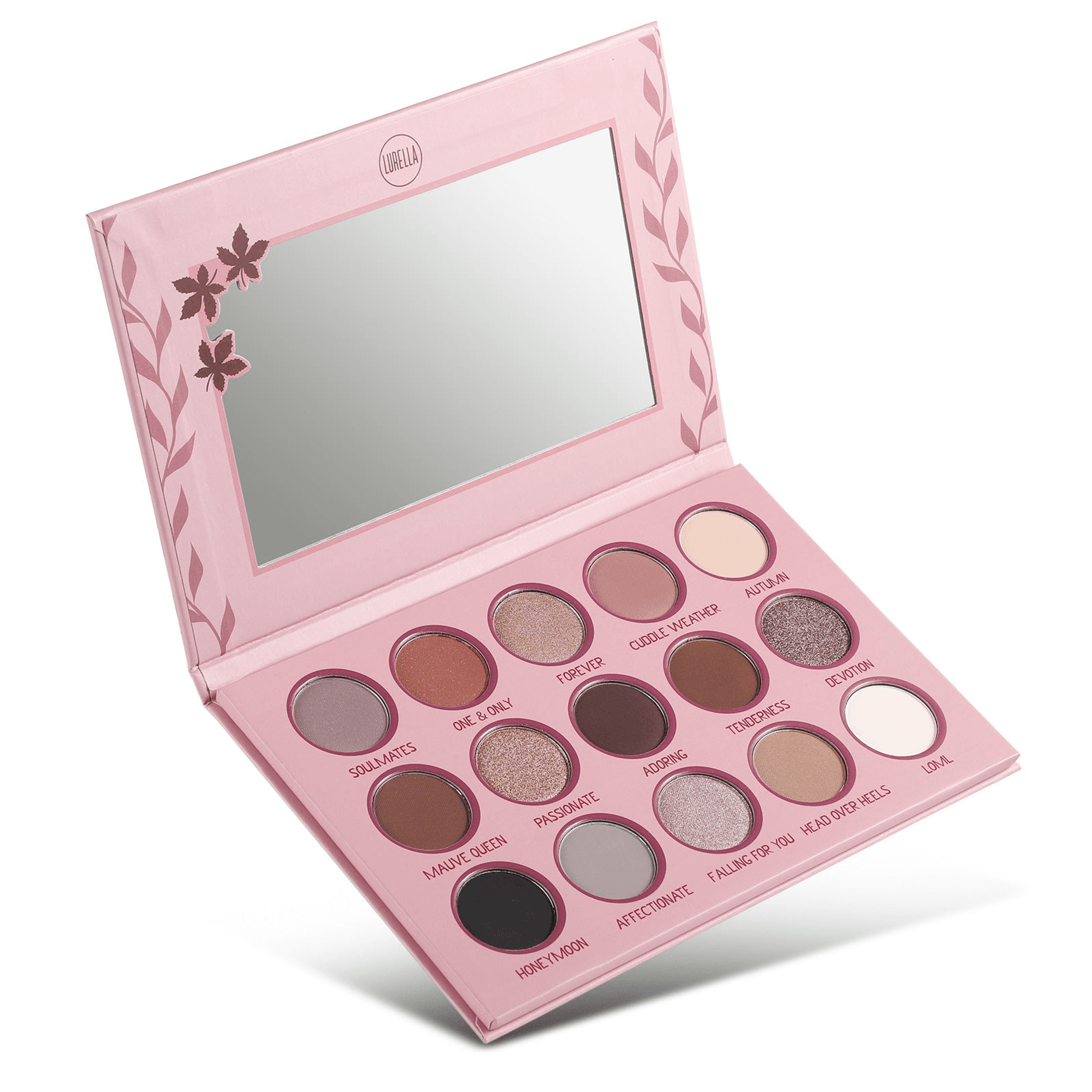 Pink eyeshadow palette with mirror and 15 pressed color pans
