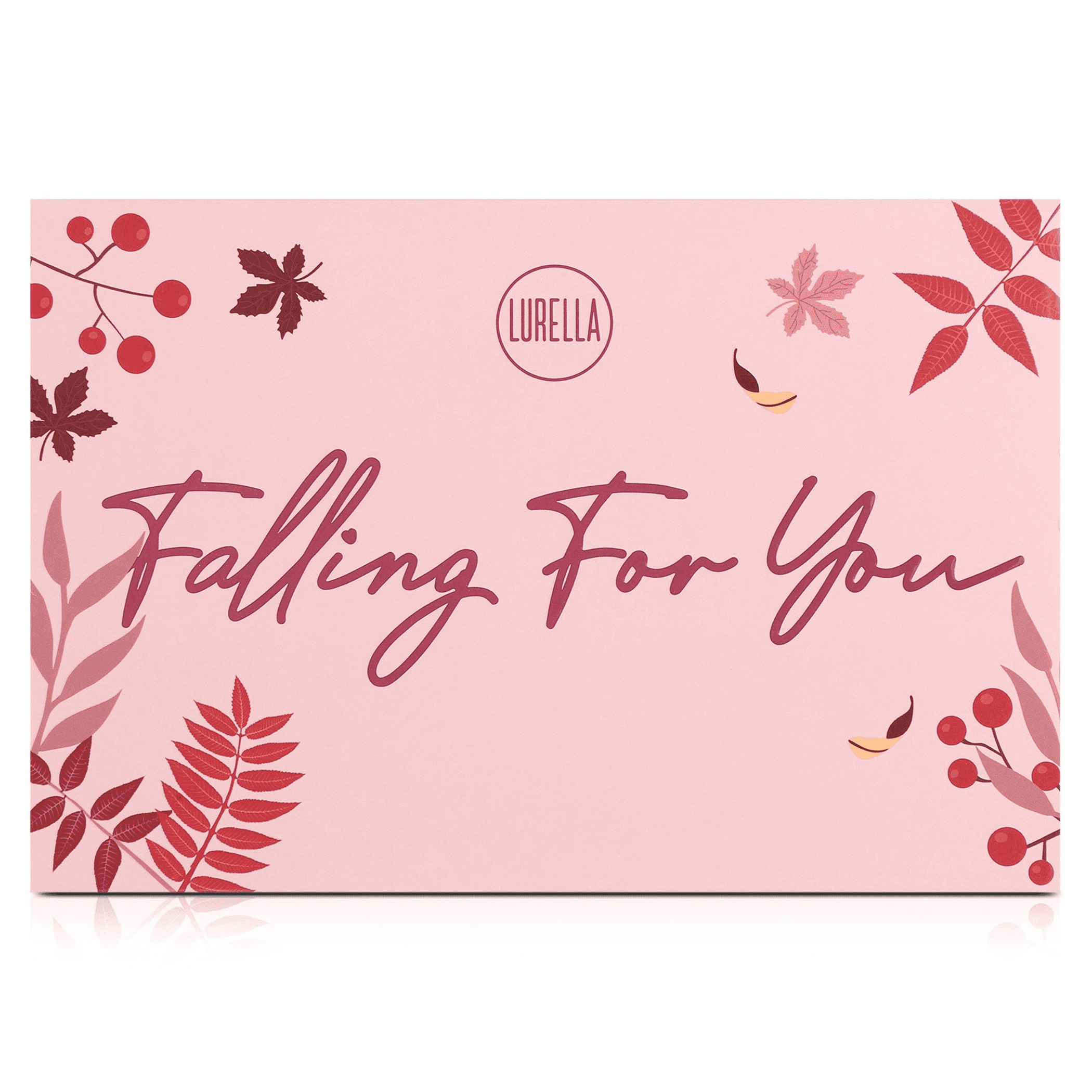 Pink Falling for You makeup palette box with botanical print and logo