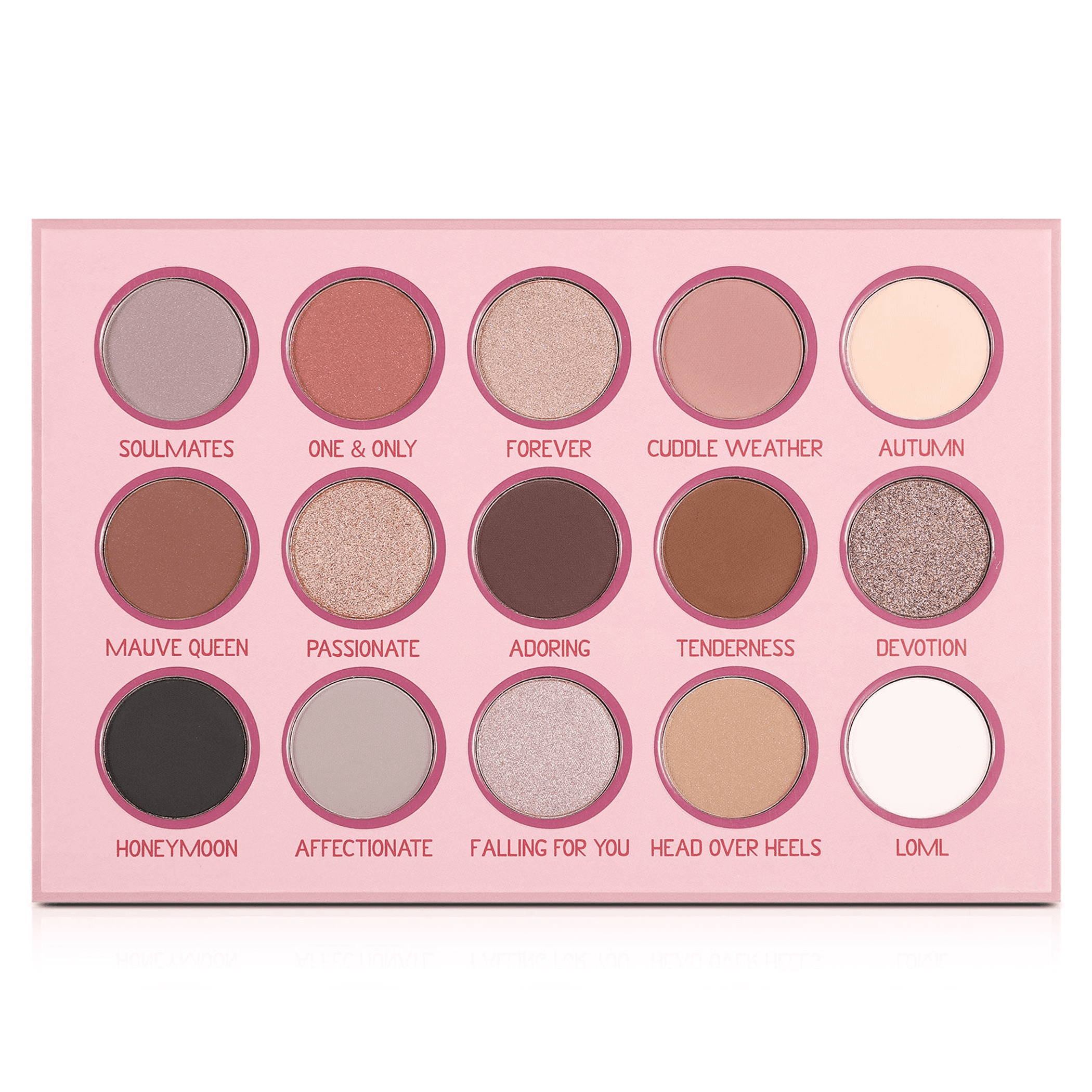 Pink eyeshadow palette with 15 labeled shades in round pans