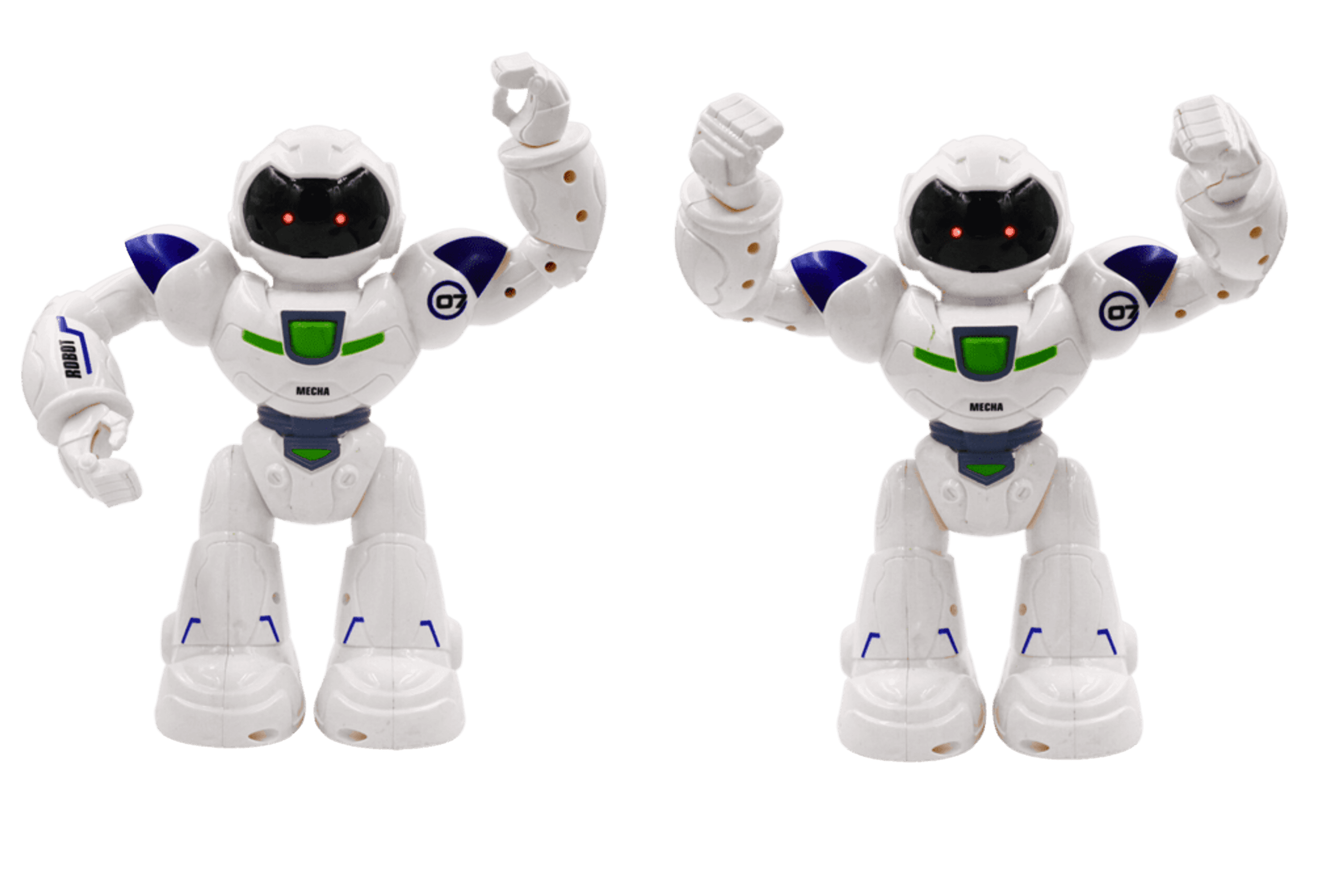 MECHA-RC robot toy, white body with blue accents, jointed arms and glowing eyes
