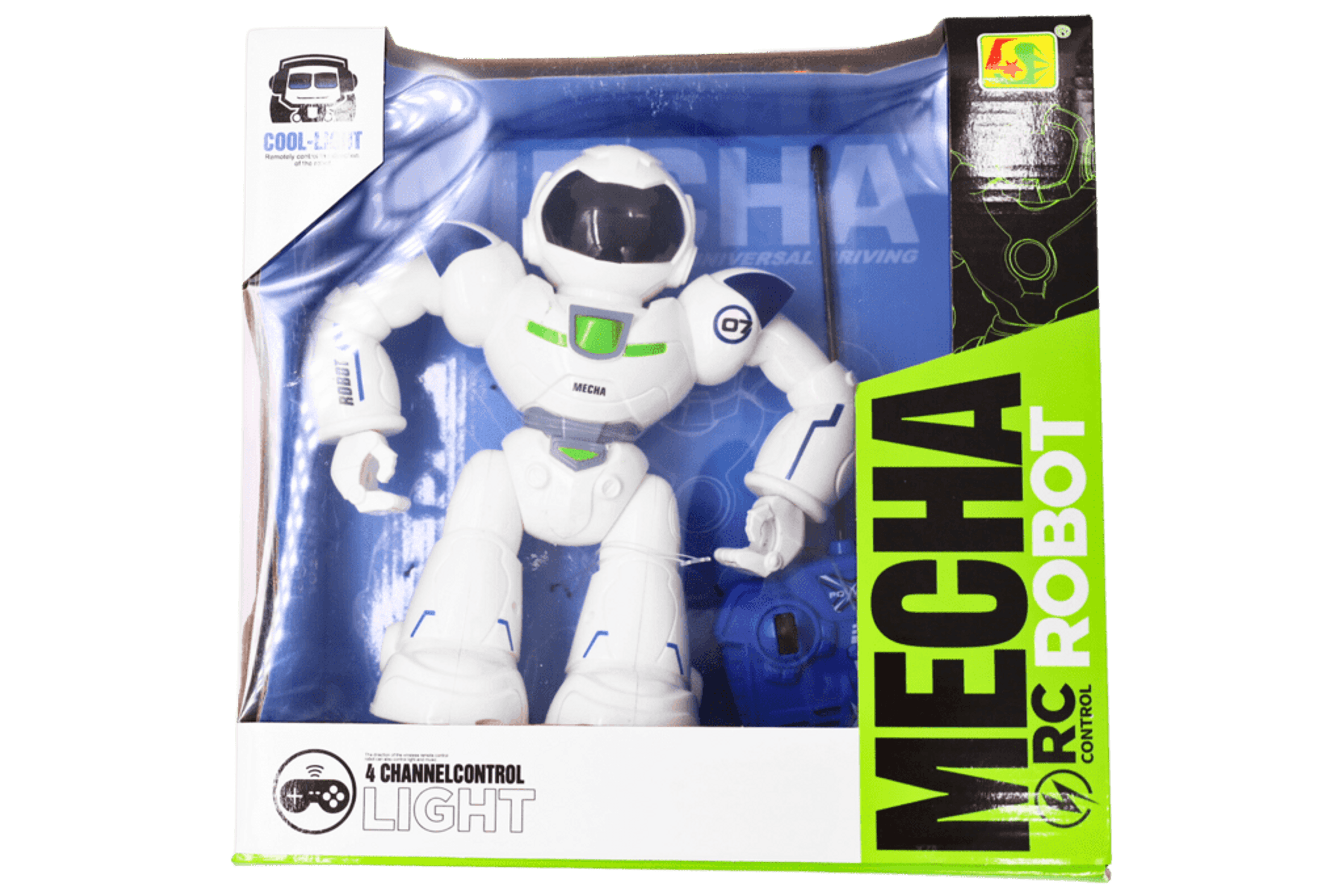 RC robot toy in retail box, white figure with blue details and controller shown