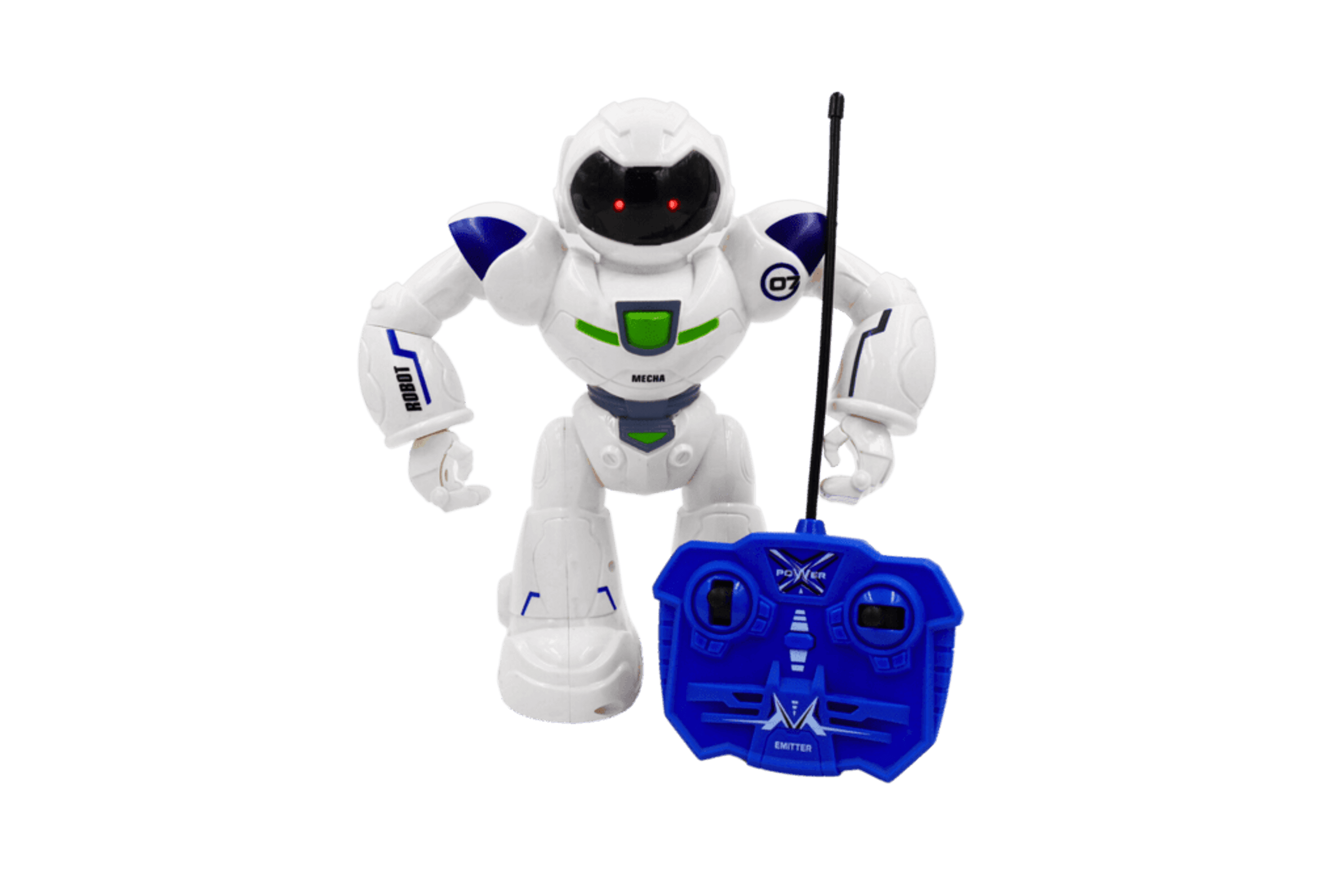 RC robot with blue handheld controller, white body and jointed arms, glowing eyes
