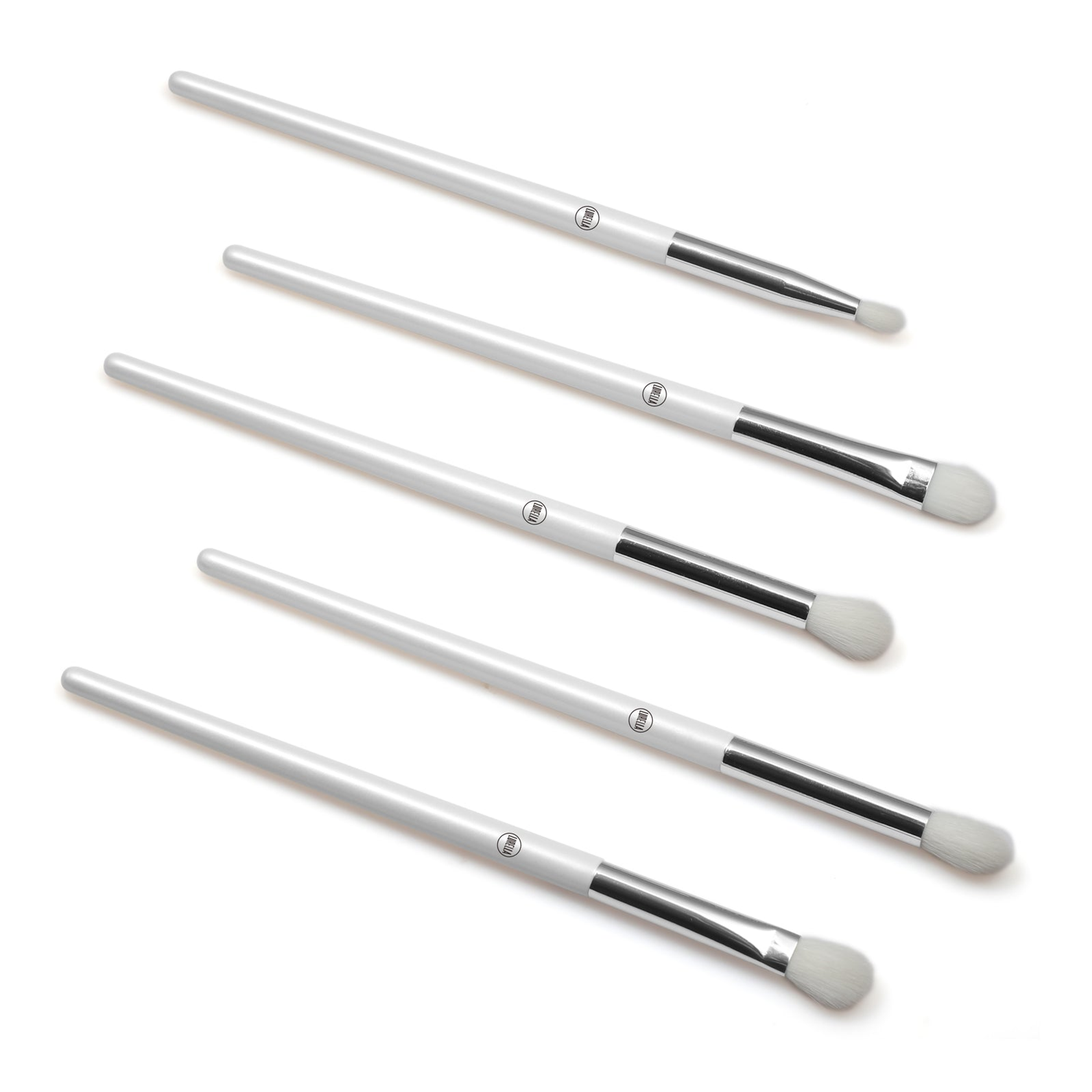 Deluxe blending brush set with 5 white-handled brushes, silver ferrules, soft bristles