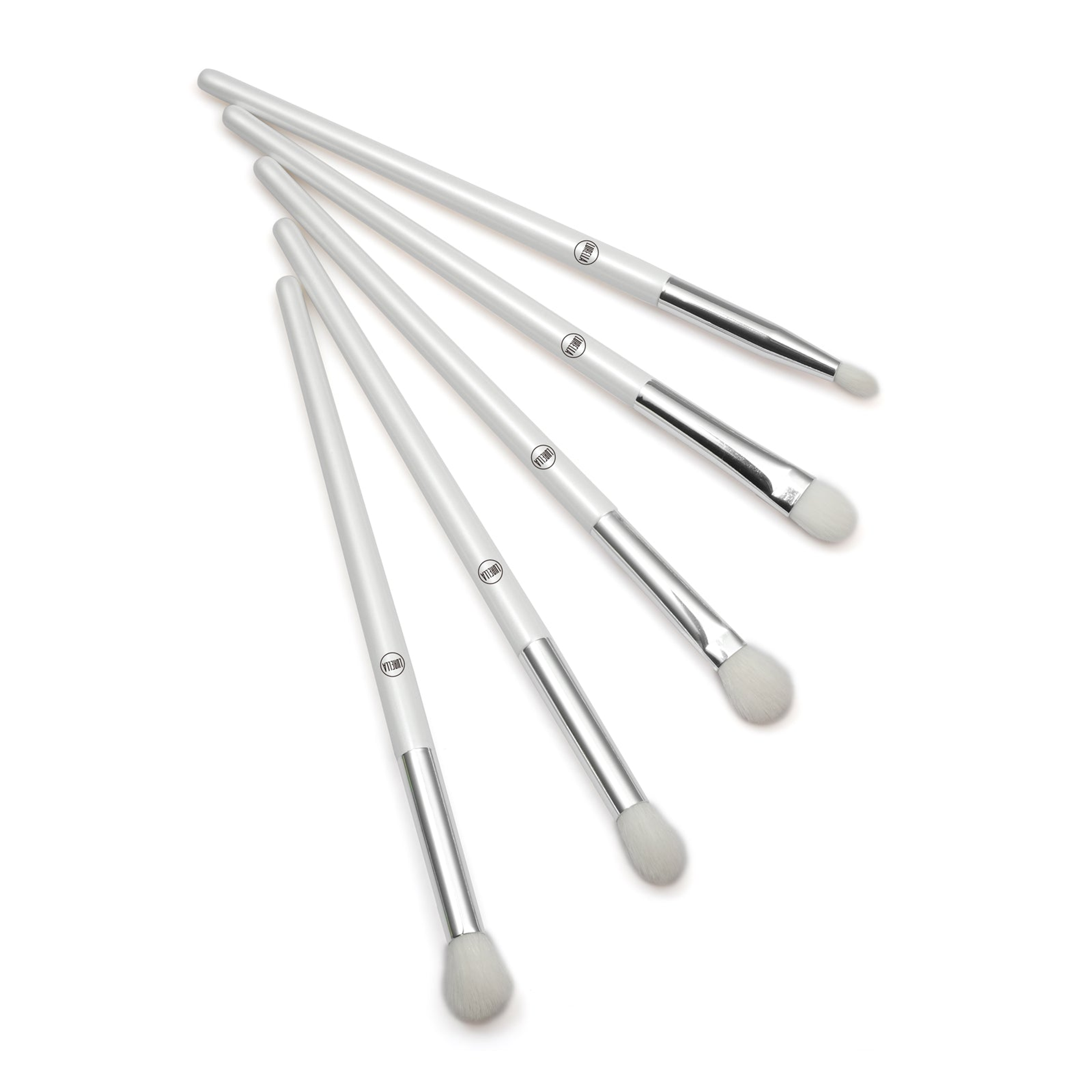 Deluxe blending brush set with 5 white-handled makeup brushes and soft rounded bristles