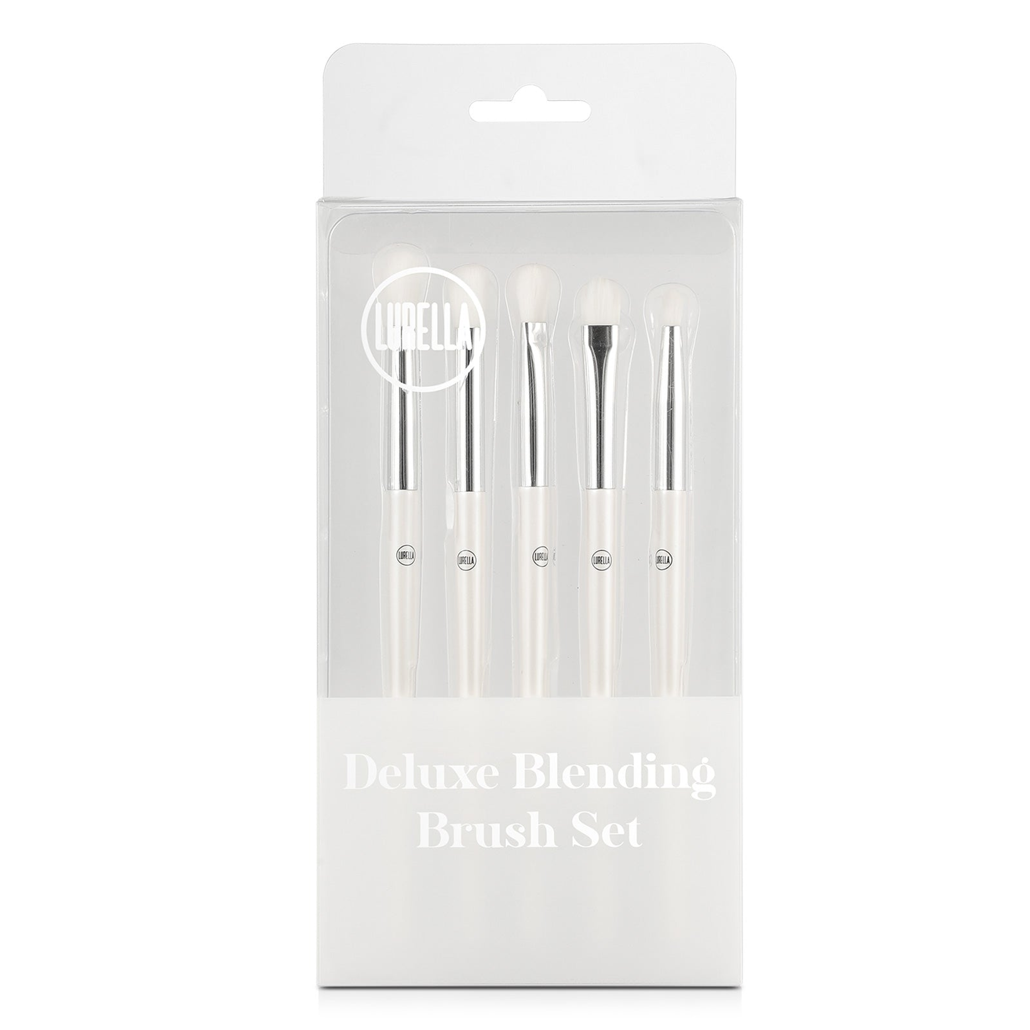 Deluxe blending brush set retail package showing 5 brushes through a clear window