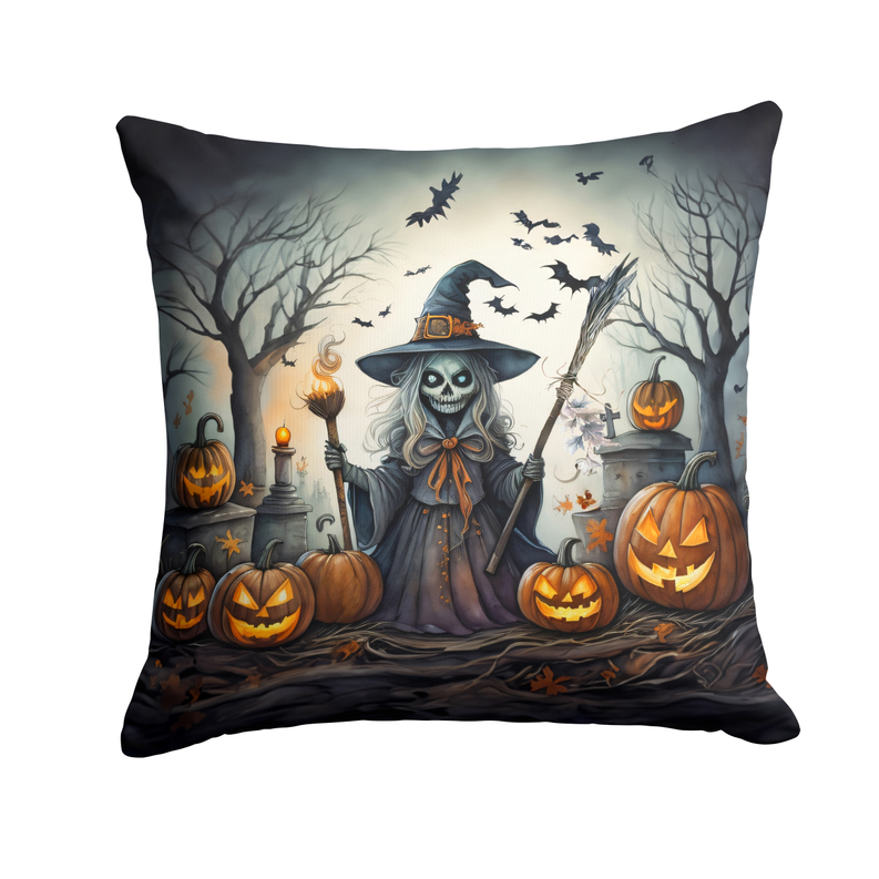 Halloween throw pillow cover with zombie witch, bats, and jack-o’-lantern pumpkins