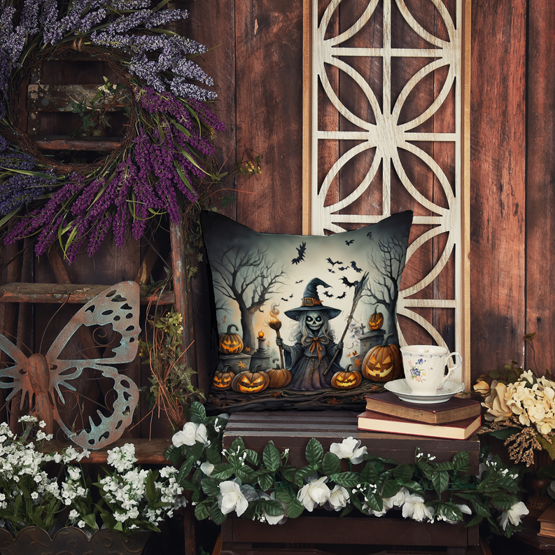 Halloween throw pillow with zombie witch artwork, bats overhead, and carved pumpkins