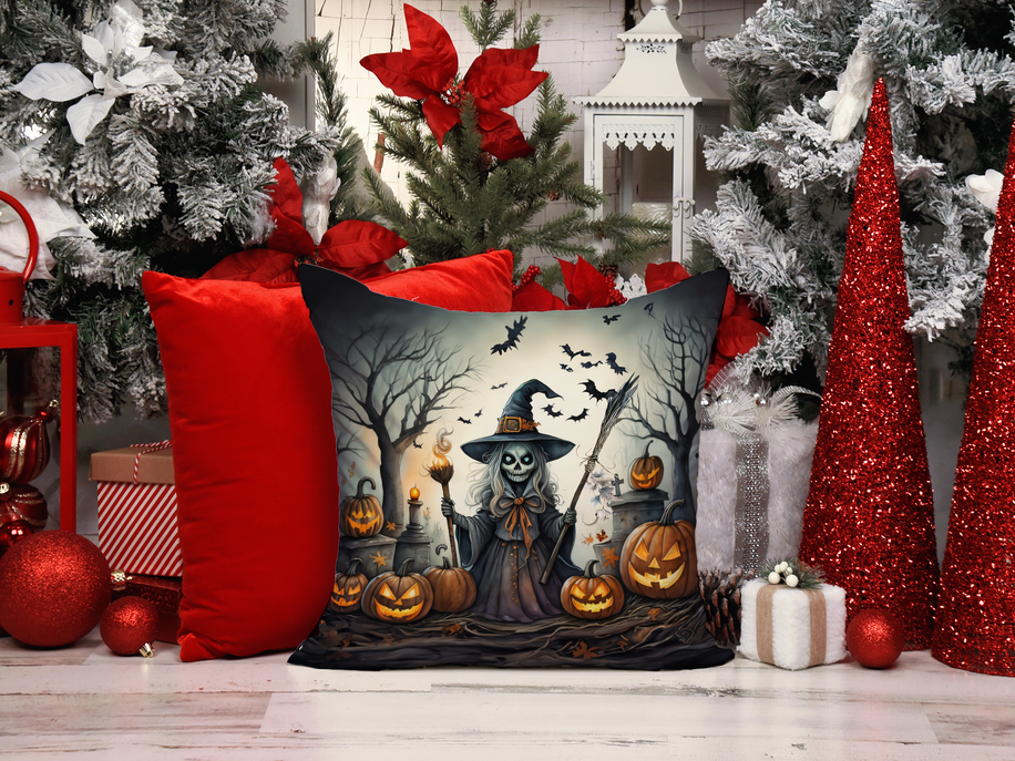 Halloween decorative pillow cover with zombie witch, bats, and jack-o’-lantern pumpkins