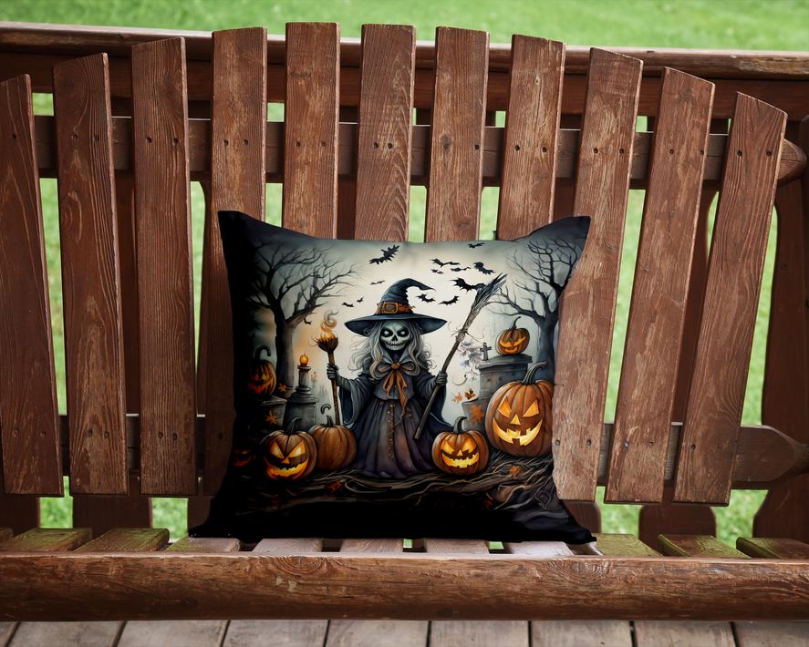 Outdoor Halloween pillow with zombie witch and glowing jack-o’-lantern pumpkin illustration